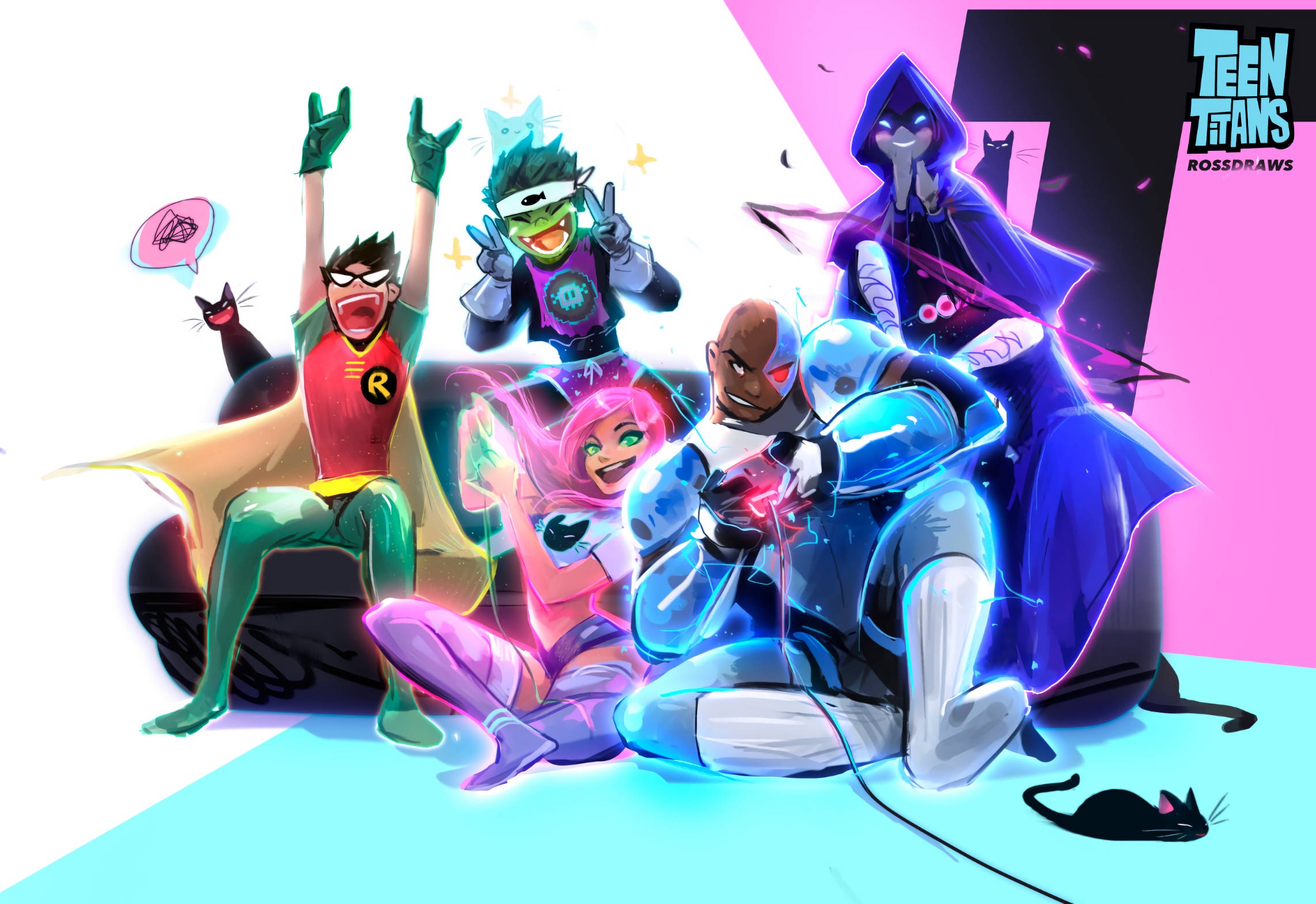 teen titans go 桌布 壁紙 — 充滿活力的動畫 Teen Titans 角色在鮮豔的粉紅色和藍色背景前，帶著發光效果和頑皮的貓咪，充滿活力地擺出姿勢。