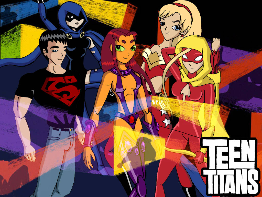 teen titans go 桌布 壁紙 — 充滿活力的動畫 Teen Titans 角色以英雄姿態擺出姿勢，背景為色彩繽紛的抽象風格，帶有鮮明的漫畫風格。