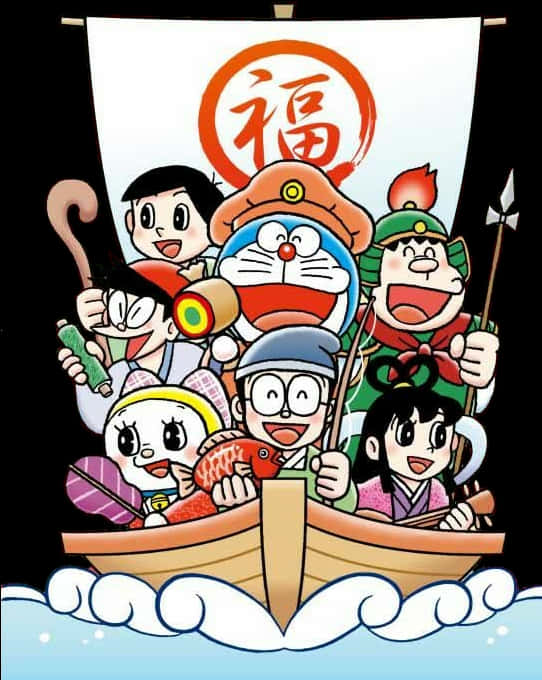 Doraemon 桌布 壁紙 — 充滿活力的動畫團隊，哆啦A夢和朋友們在帶有日本幸運字符的橫幅下愉快地划船。