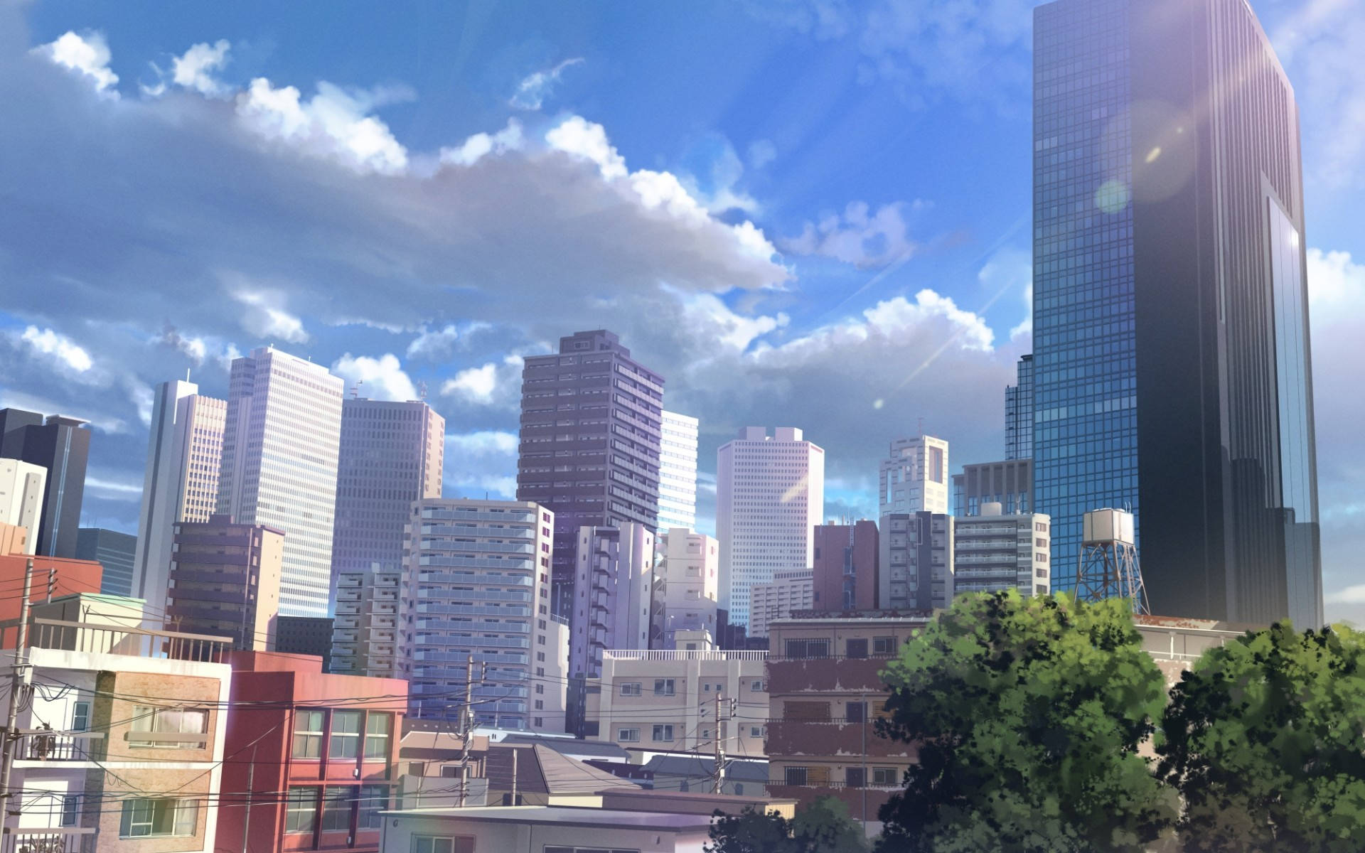 Buildings 桌布 壁紙 — 充滿活力的動畫城市景觀，高聳的摩天大樓和茂密的綠樹，在明亮的藍天和蓬鬆的白雲下。