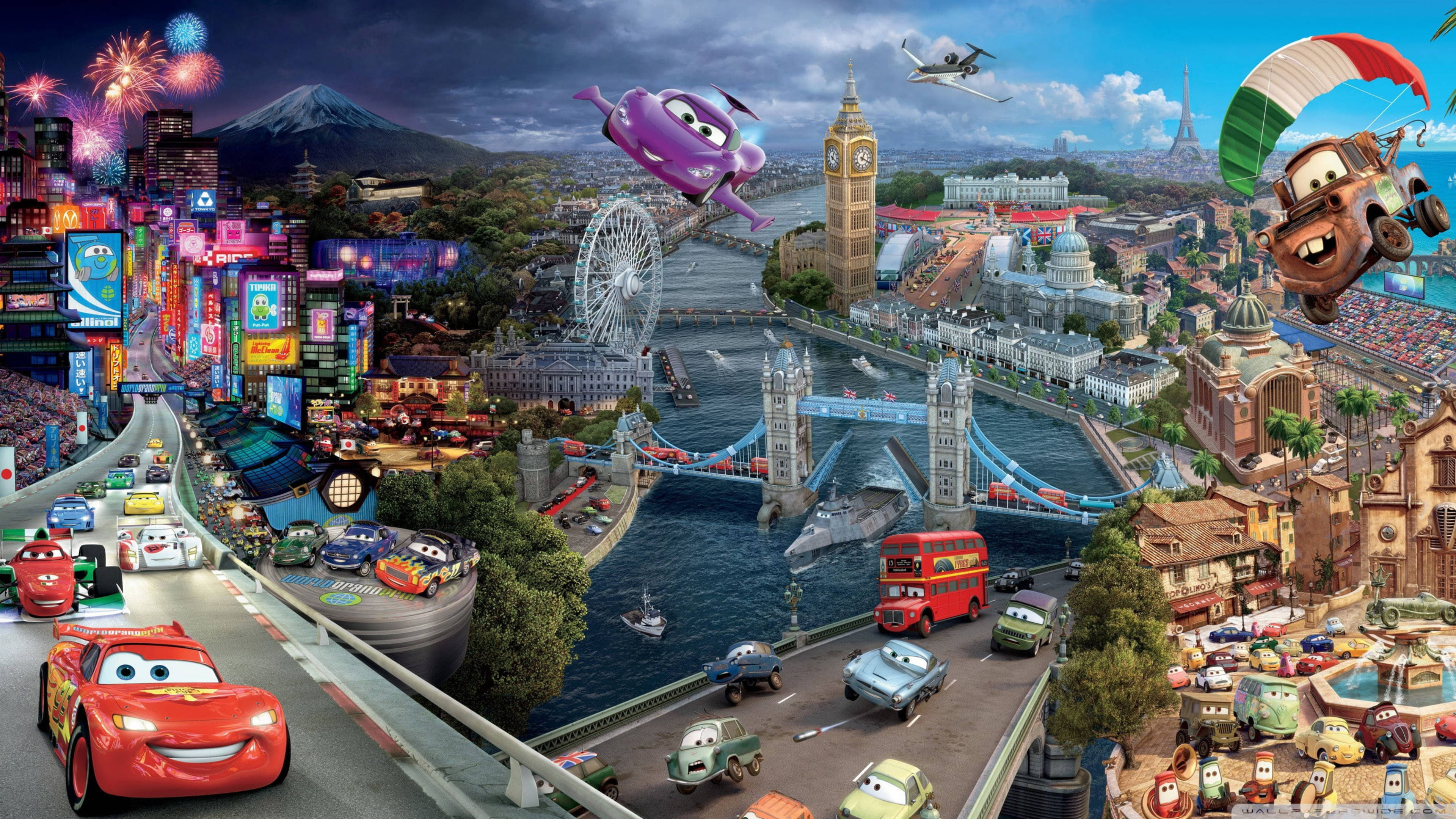 Pixar 桌布 壁紙 — 充滿活力的動畫場景，迪士尼皮克斯《汽車總動員》角色在煙火下穿越標誌性的全球地標賽車。