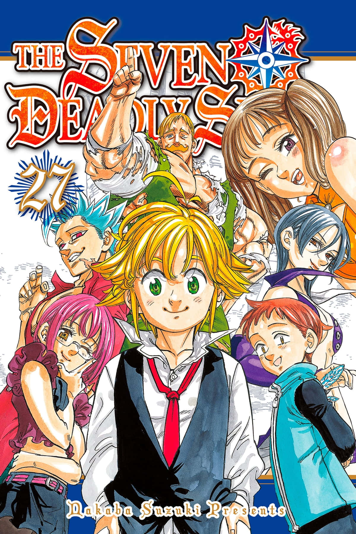 The Seven Deadly Sins 桌布 壁紙 — 充滿活力的動畫封面藝術，中央有一位金髮主角，周圍環繞著各種色彩繽紛的角色，擺出動態姿勢。