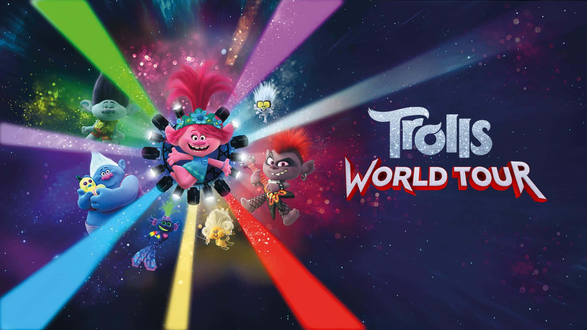 Trolls World Tour 桌布 壁紙 — 充滿活力的動畫巨魔帶著彩虹光束和閃爍粒子飛越宇宙星系。