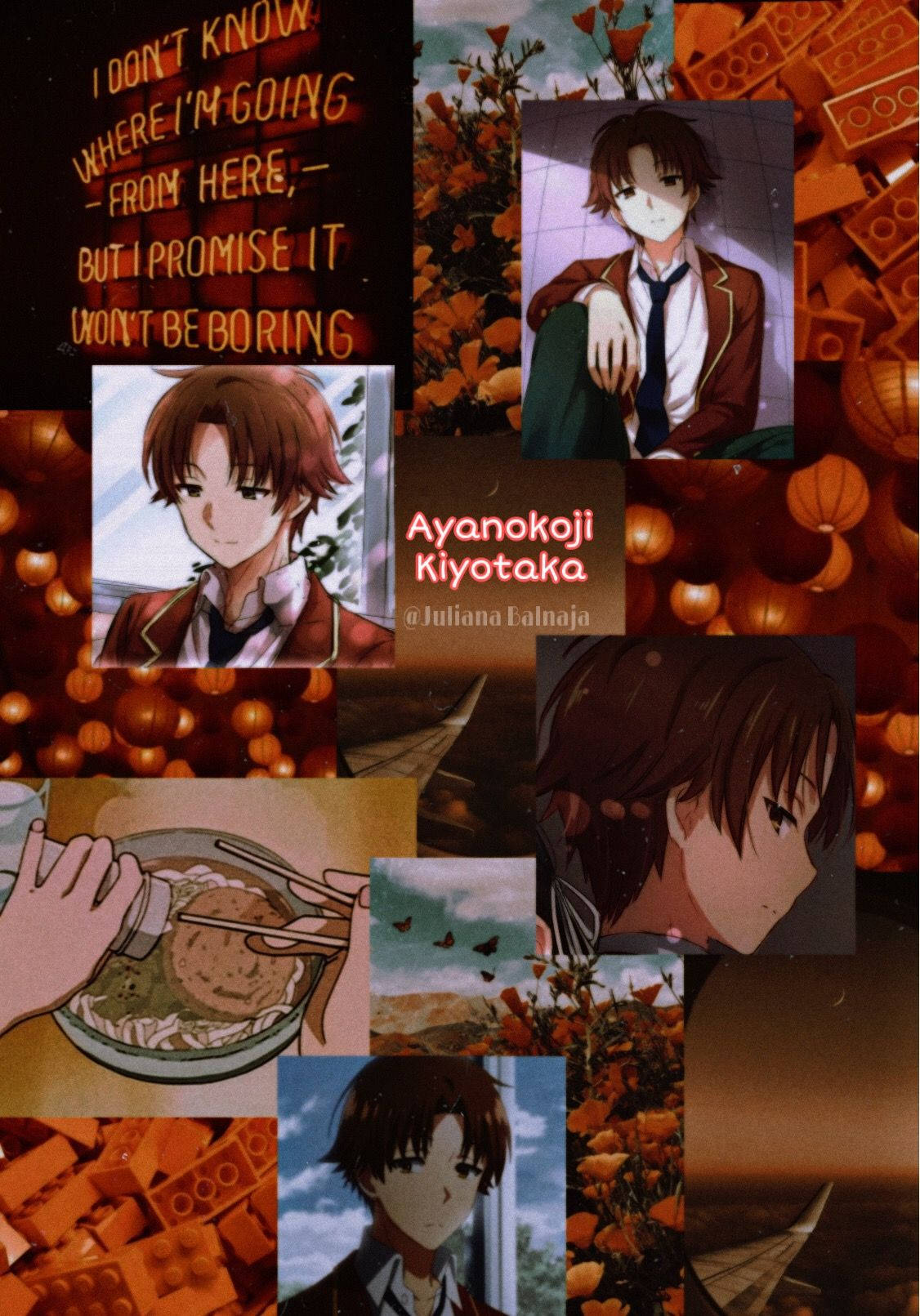 kiyotaka ayanokoji 桌布 壁紙 — 充滿活力的動畫拼貼畫，以綾小路清隆為主角，出現在各種場景中，背景為橙色花卉和LEGO積木。
