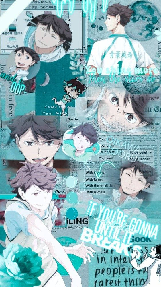 toru oikawa 桌布 壁紙 — 充滿活力的動畫拼貼畫，包含多個青綠色和白色的男性角色表情豐富的肖像，並疊加了文字引言和花卉裝飾。