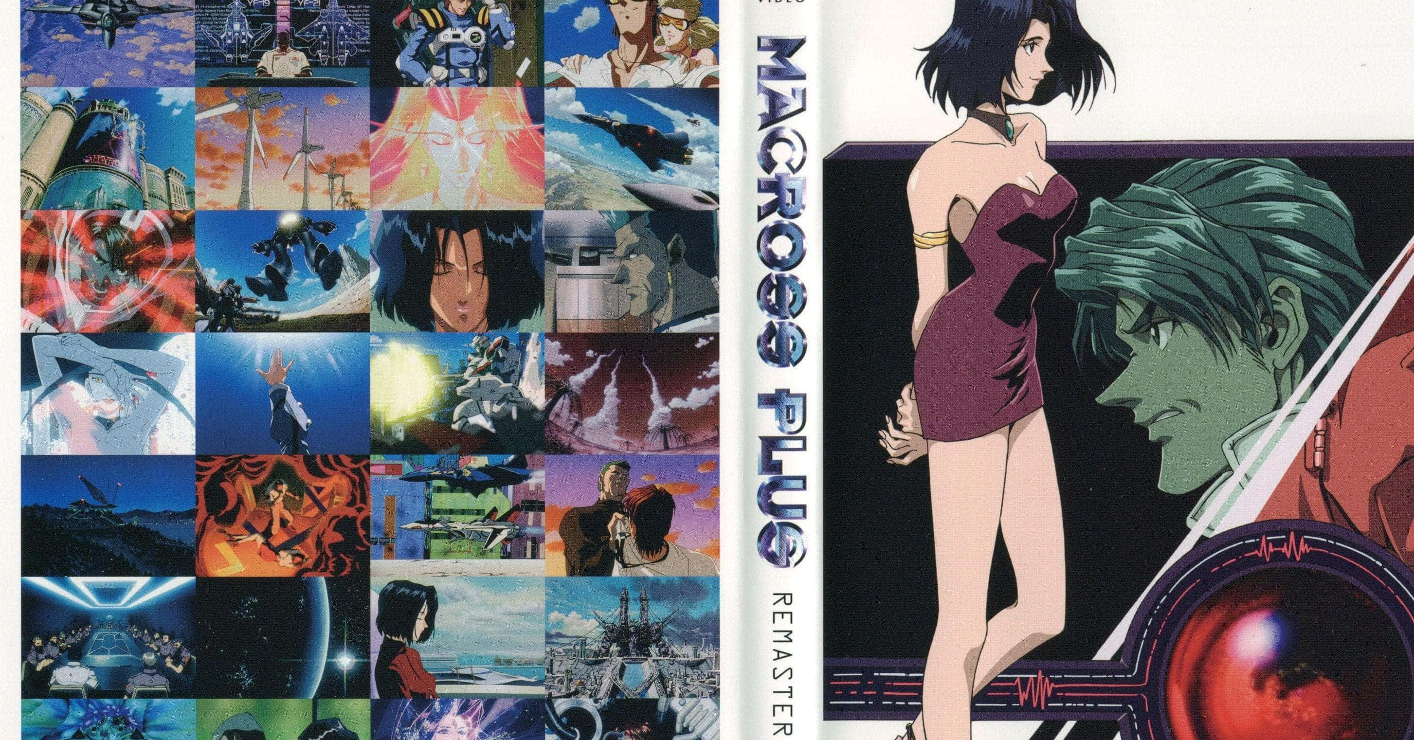 Macross 桌布 壁紙 — 充滿活力的動畫拼貼畫，描繪了 Macross Plus 的場景，包括角色、機甲和太空戰鬥，色彩大膽，動作動感。