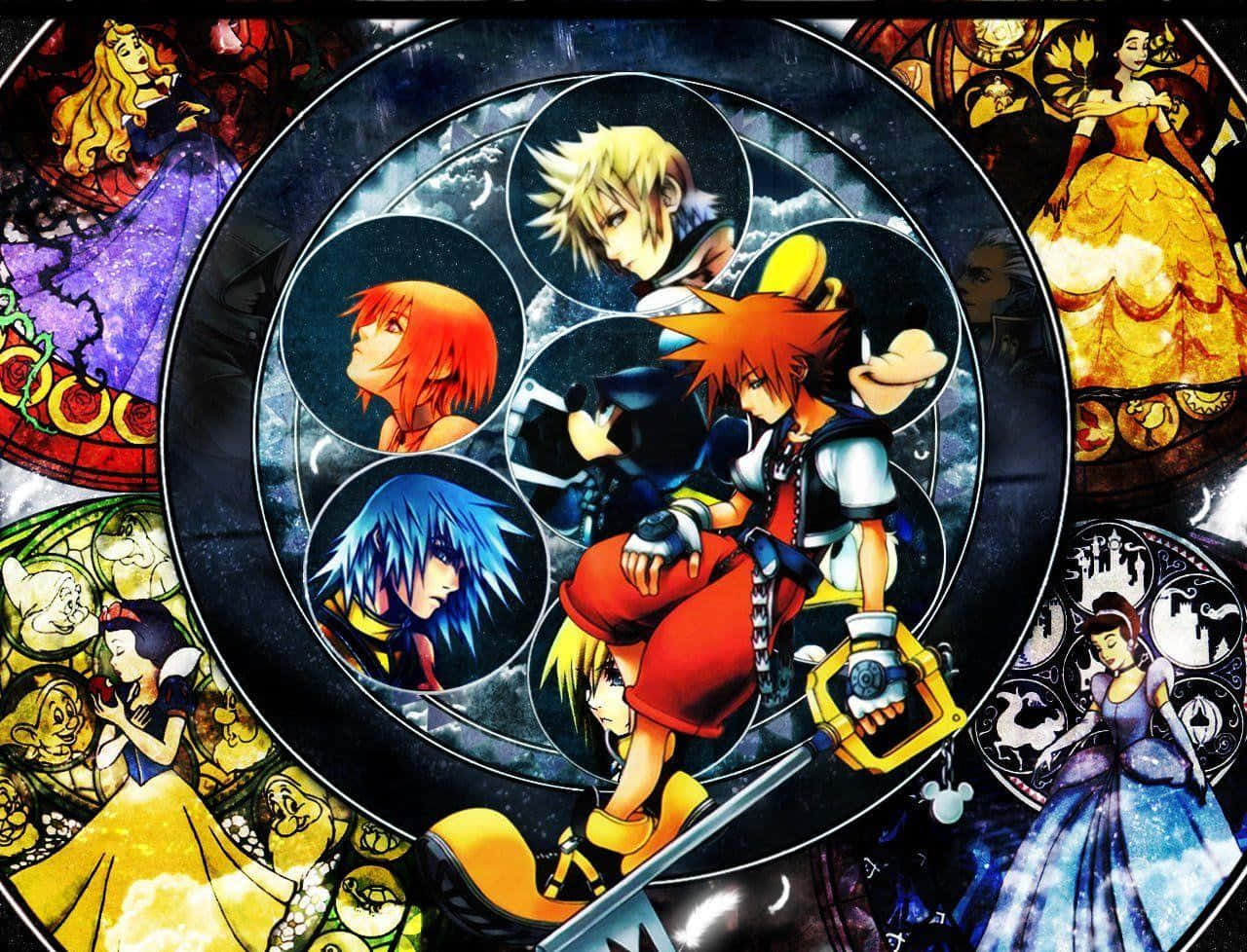 Kingdom Hearts Riku 桌布 壁紙 — 充滿活力的動畫桌布，以圓形框架中的王國之心角色為特色，周圍環繞著彩繪玻璃風格的迪士尼公主。