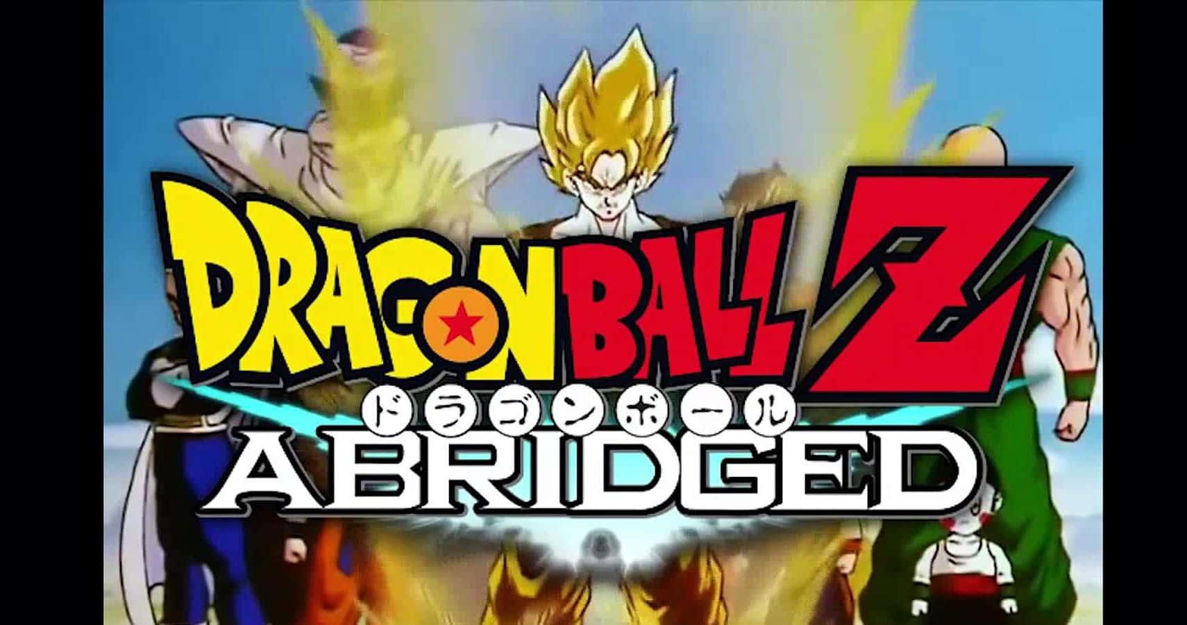 Dragon Ball Z Abridged 桌布 壁紙 — 充滿活力的動畫標題卡，用於《七龍珠Z Abridged》，以尖刺頭髮的角色在明亮的藍天下擺出動態姿勢。