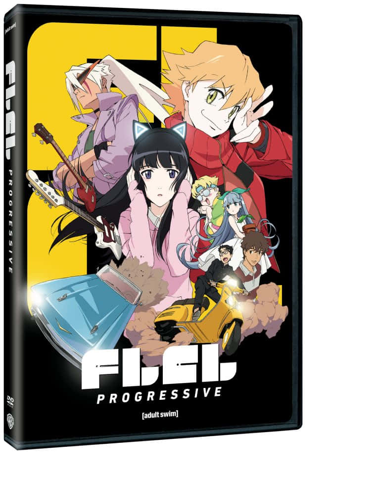 FLCL 桌布 壁紙 — 充滿活力的動畫海報，為Frieren Progressive設計，特色是各種角色拿著吉他和滑板車，背景是鮮明的黃色和黑色。