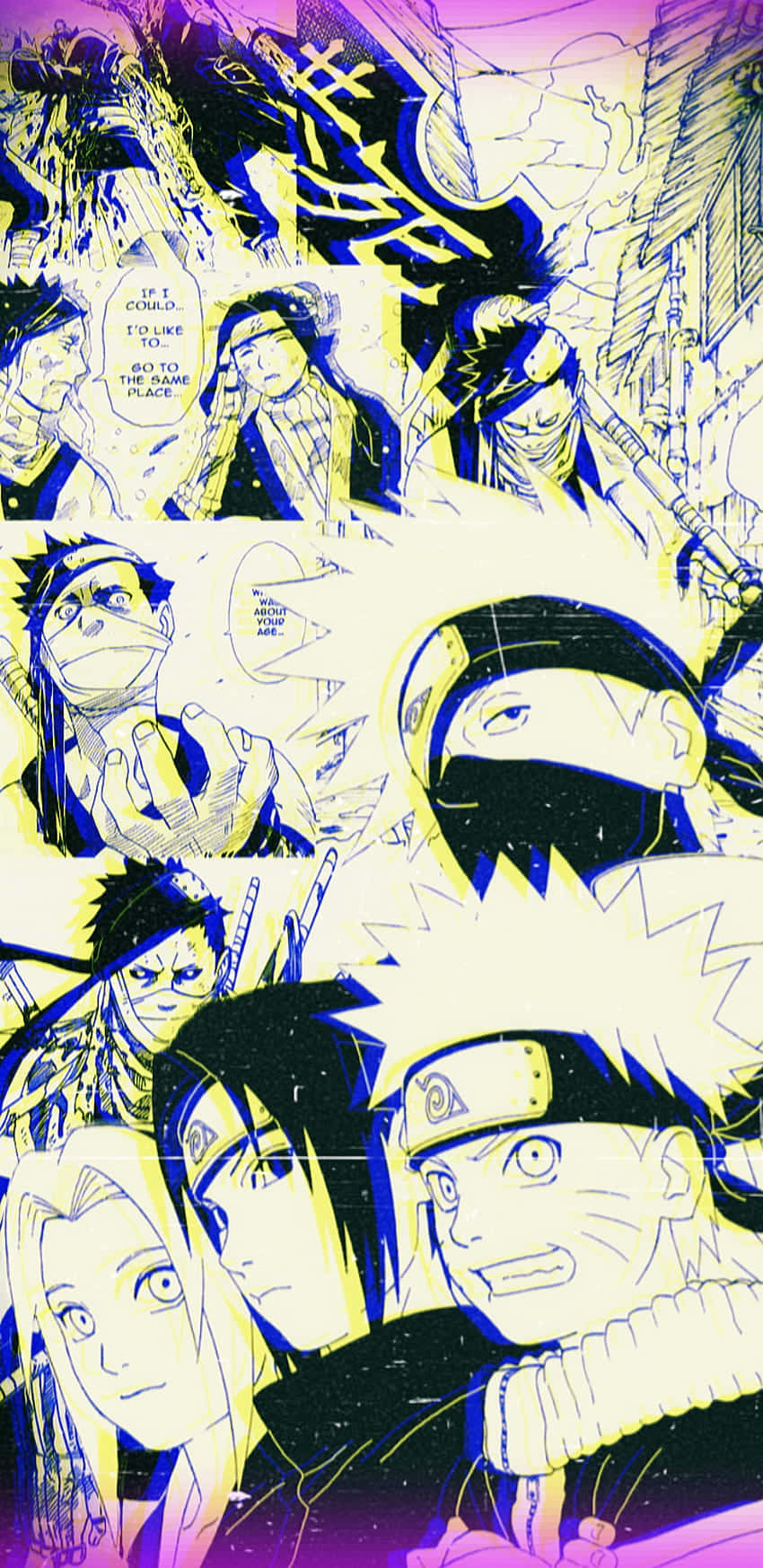 Kakashi And Zabuza 桌布 壁紙 — 充滿活力的動畫漫畫面板， featuring 忍者角色以動態姿勢呈現，帶有醒目的黃色和紫色霓虹輪廓。
