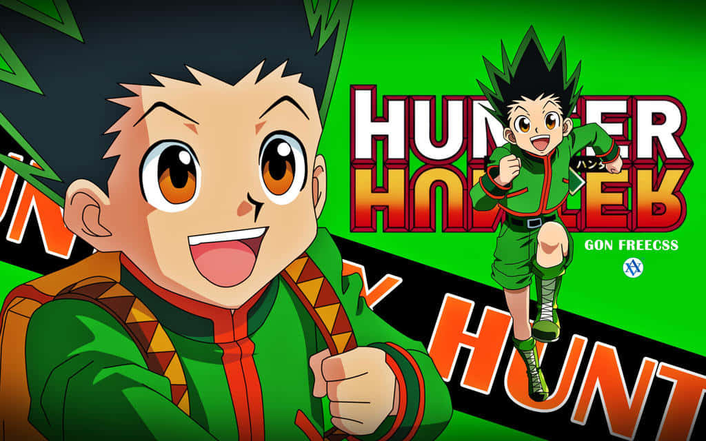 Shonen Anime 桌布 壁紙 — 充滿活力的動畫男孩 Gon Freecss 穿著綠色服裝微笑奔跑，背景為大膽的綠色，並帶有 'Hunter x Hunter' 標題。