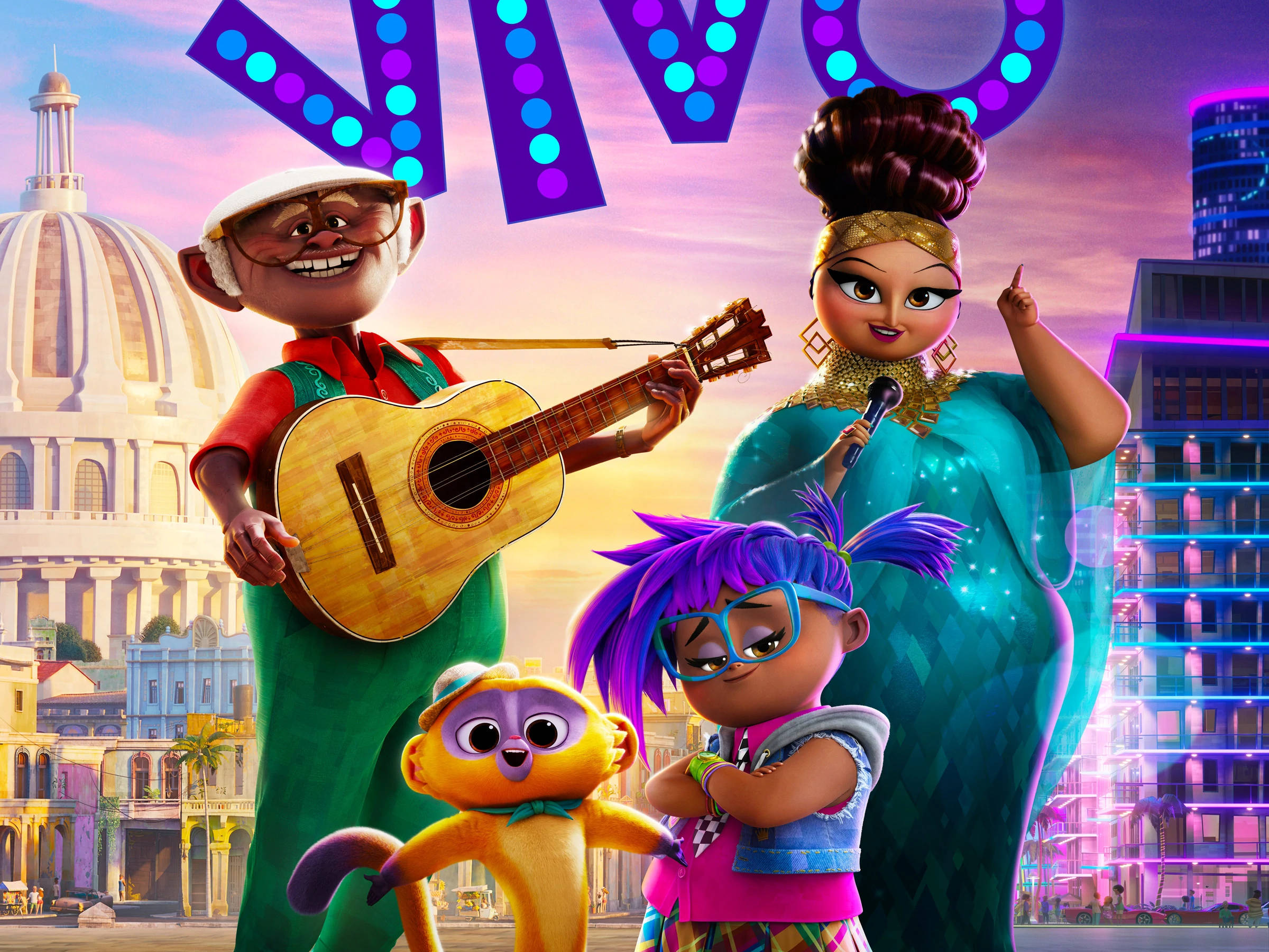 Vivo 桌布 壁紙 — 充滿活力的動畫角色在日落時分，在閃爍的「VIVO」標誌下，於色彩繽紛的城市街道上表演。