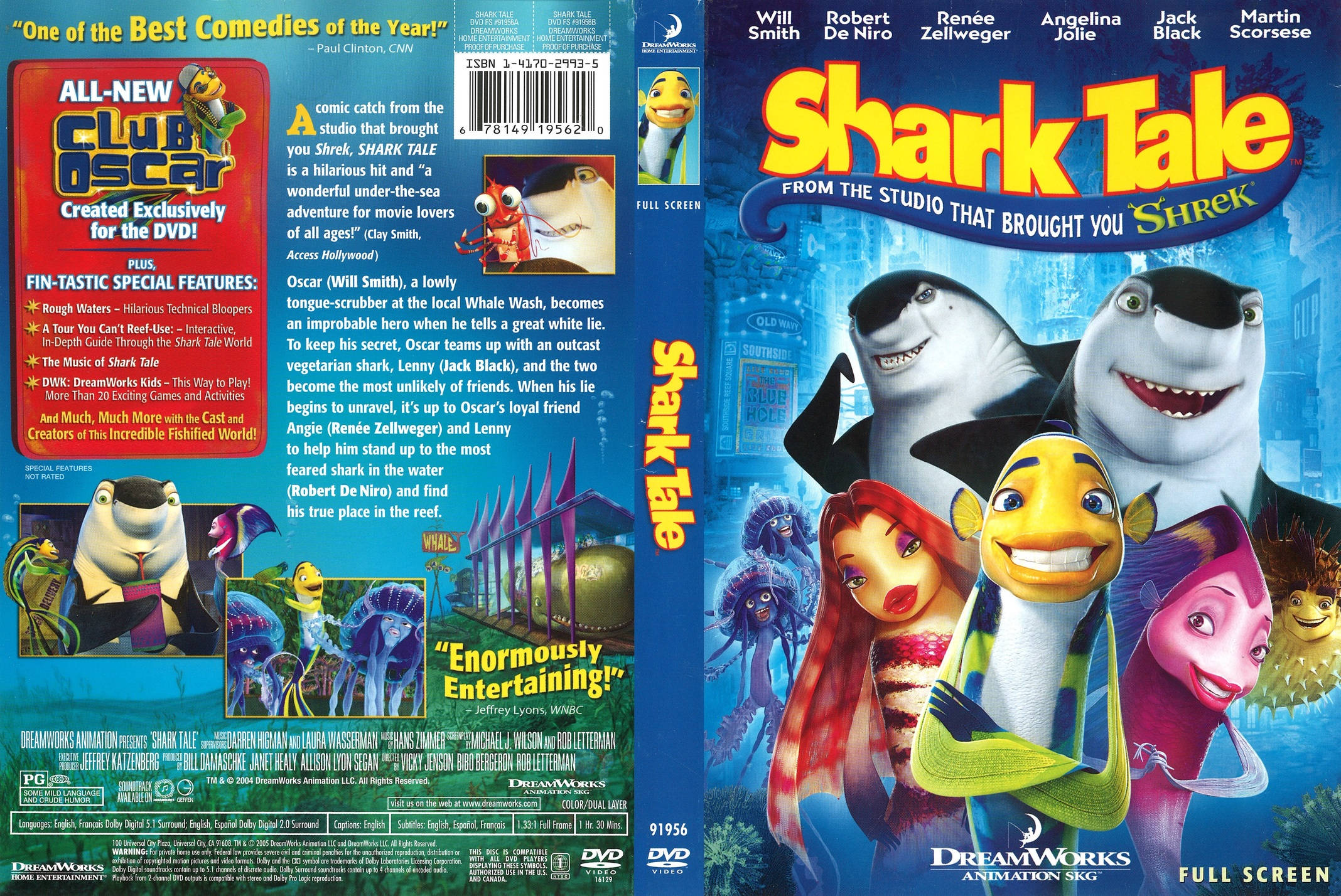 Shark Tale 桌布 壁紙 — 充滿活力的動畫電影《鯊魚黑幫》封面，以微笑的卡通鯊魚和魚類為特色，背景為藍色水下場景。