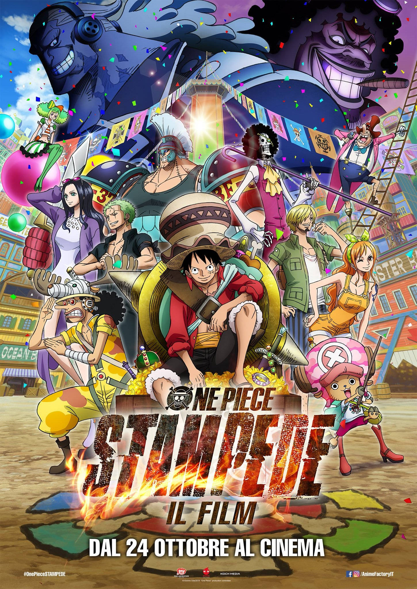 電影動圖 桌布 壁紙 — 充滿活力的動畫電影海報， featuring One Piece 角色在色彩繽紛的節日中慶祝，有五彩紙屑和煙火。