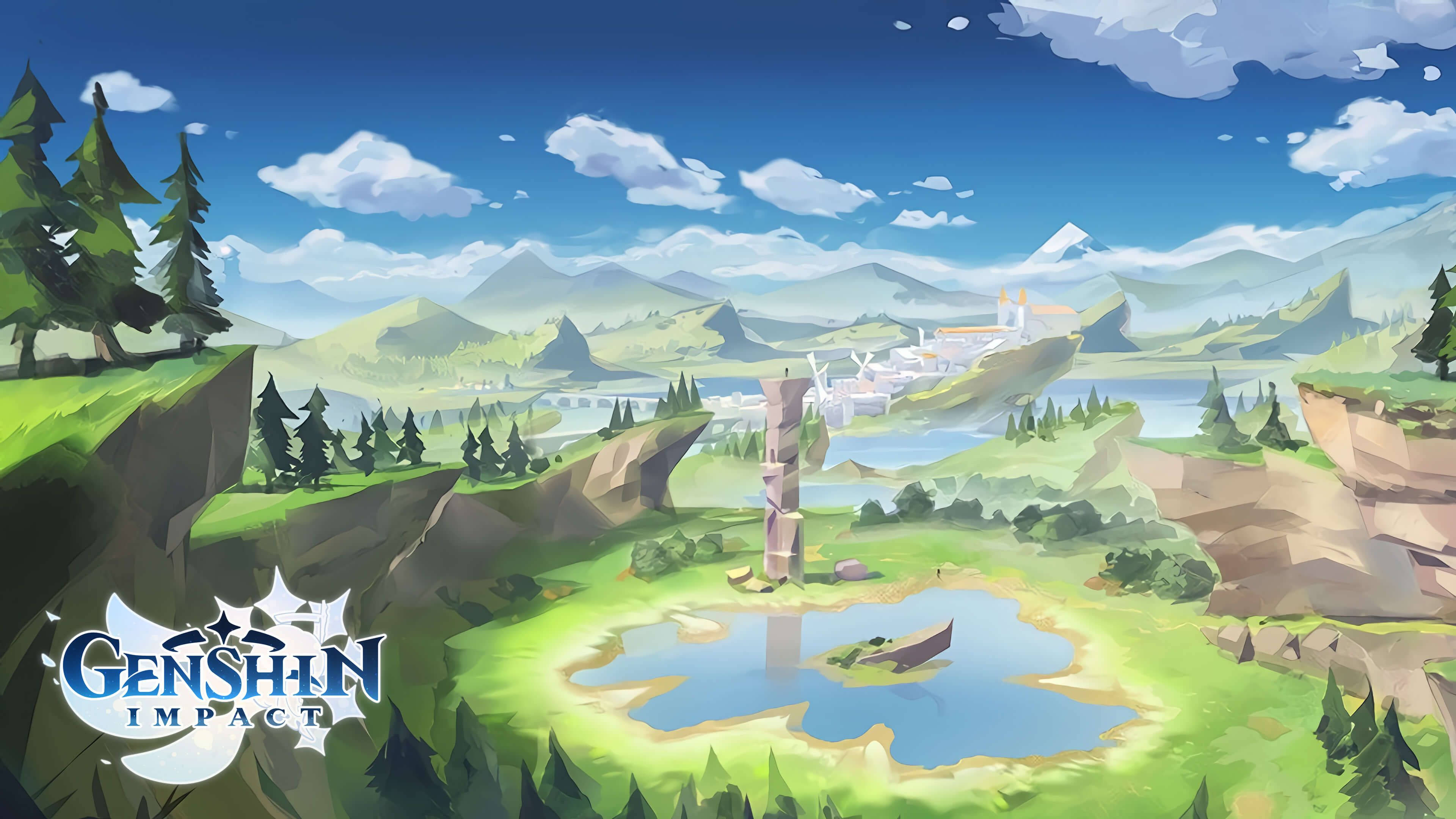 Blue Sky 桌布 壁紙 — 充滿活力的動畫風景，寧靜的湖泊被鬱鬱蔥蔥的綠色山丘和遠處的山脈環繞，明亮的藍天白雲。
