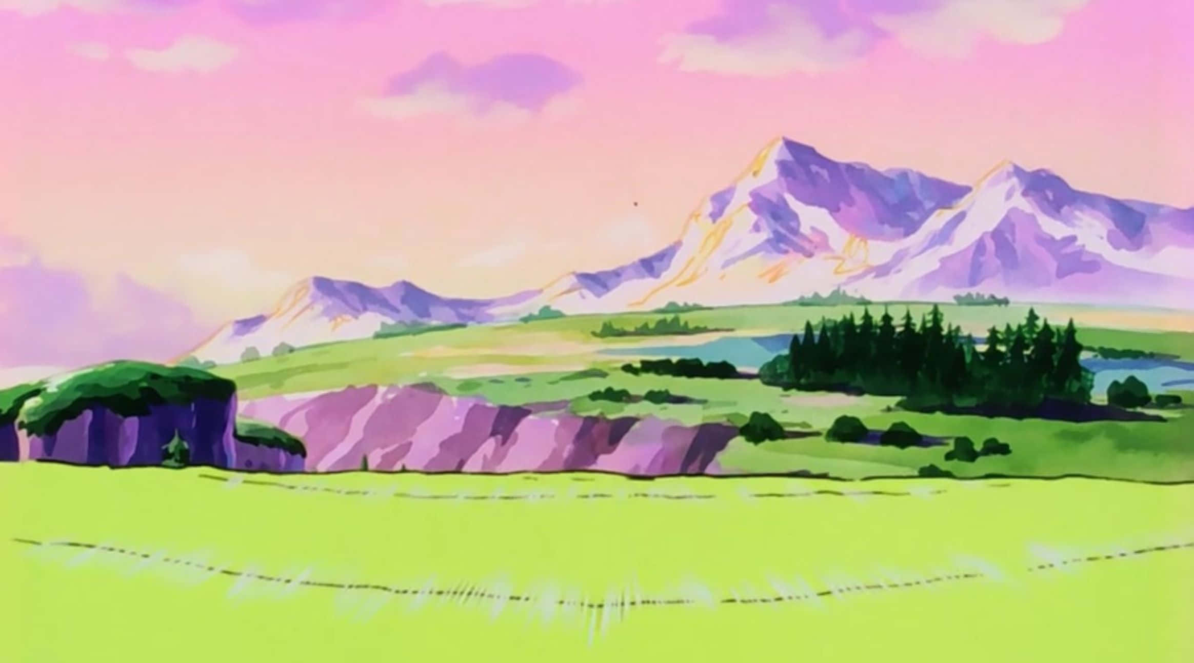 七龍珠Z 桌布 壁紙 — 充滿活力的動畫風景，有起伏的綠色山丘、紫色懸崖和白雪覆蓋的山脈，在粉紅色的天空下。