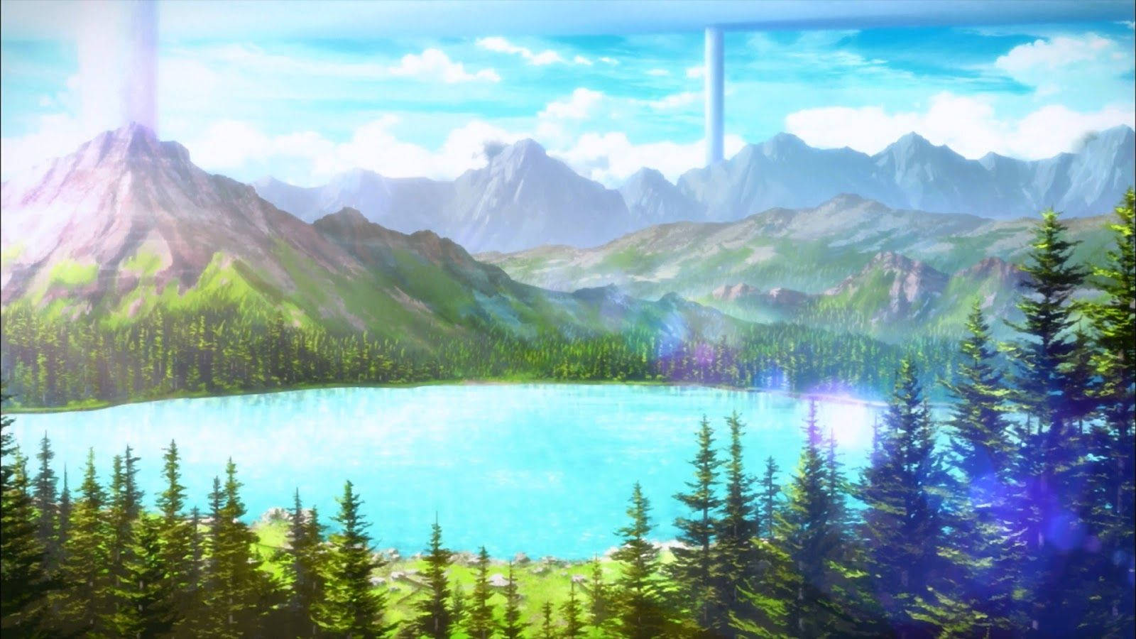 動畫風景 桌布 壁紙 — 充滿活力的動畫風景，碧綠色的湖泊坐落在鬱鬱蔥蔥的綠色山脈和松樹之間，明亮的藍天下有發光的垂直光束。