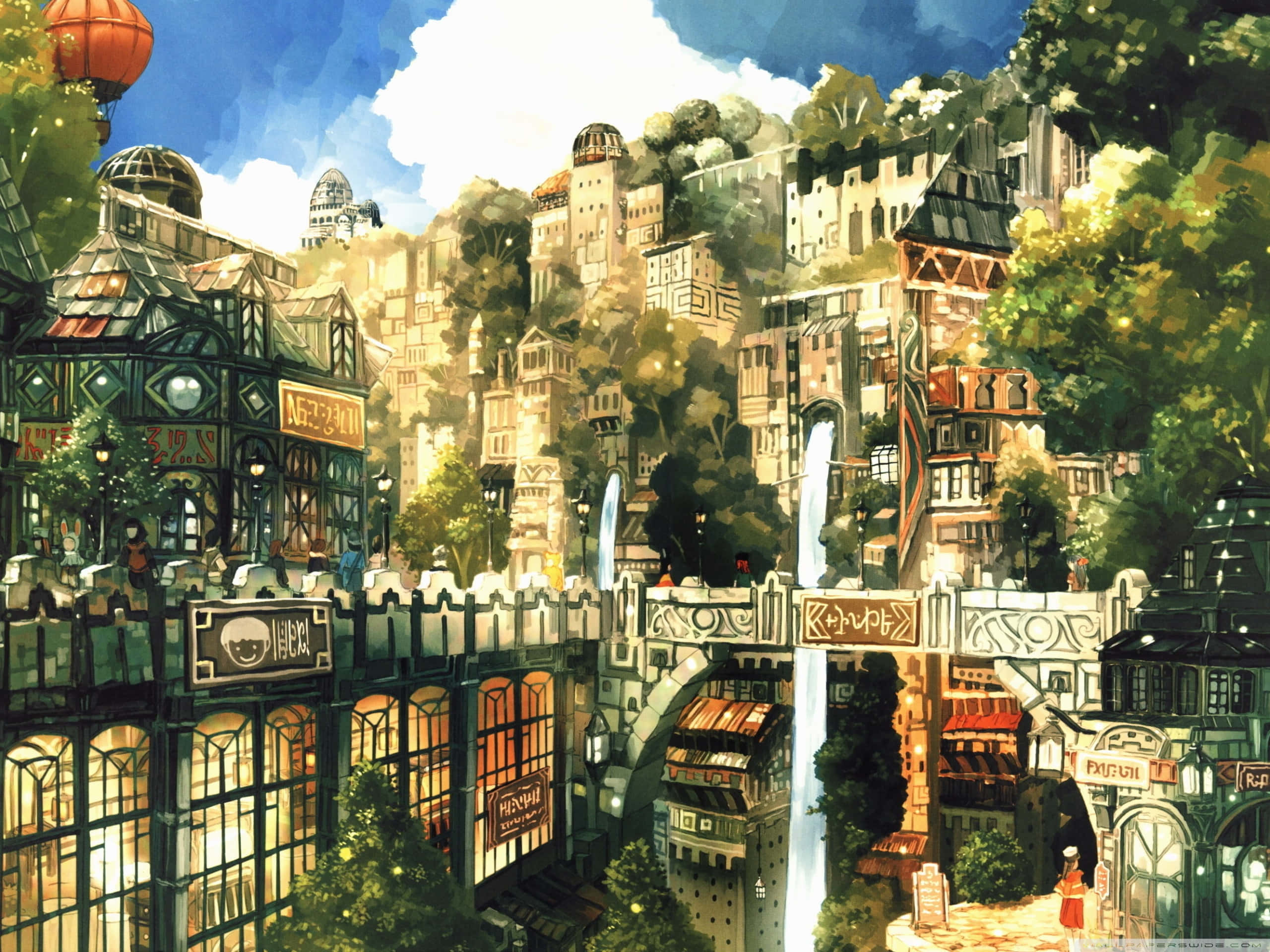 動漫城市 桌布 壁紙 — 充滿活力的動畫風格城市景觀，在明亮的藍天下，鬱鬱蔥蔥的綠植和層疊瀑布點綴在奇特的建築之間。