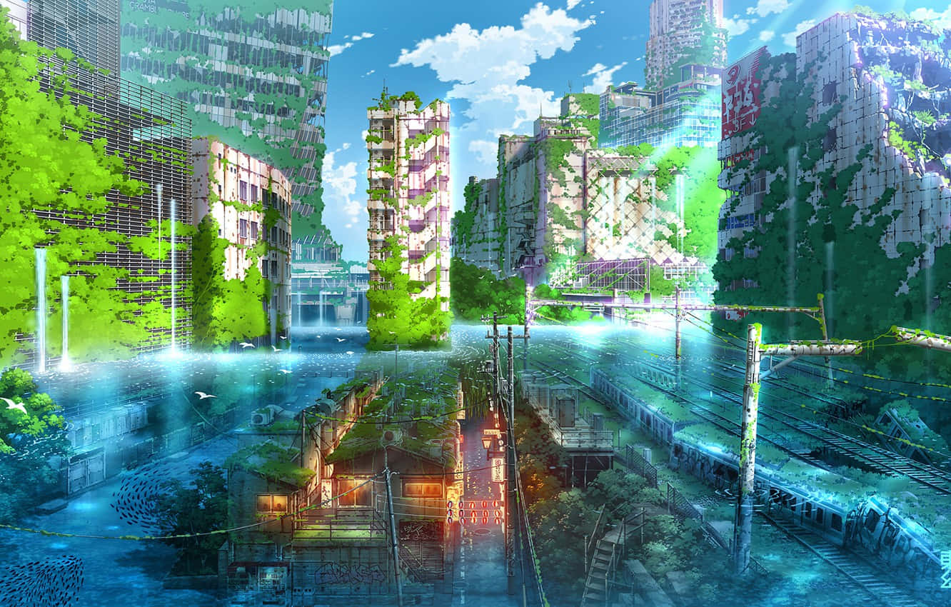 東京 桌布 壁紙 — 充滿活力的動畫風格城市景觀，高聳的建築物在明亮的藍天下被茂密的綠色植物覆蓋。