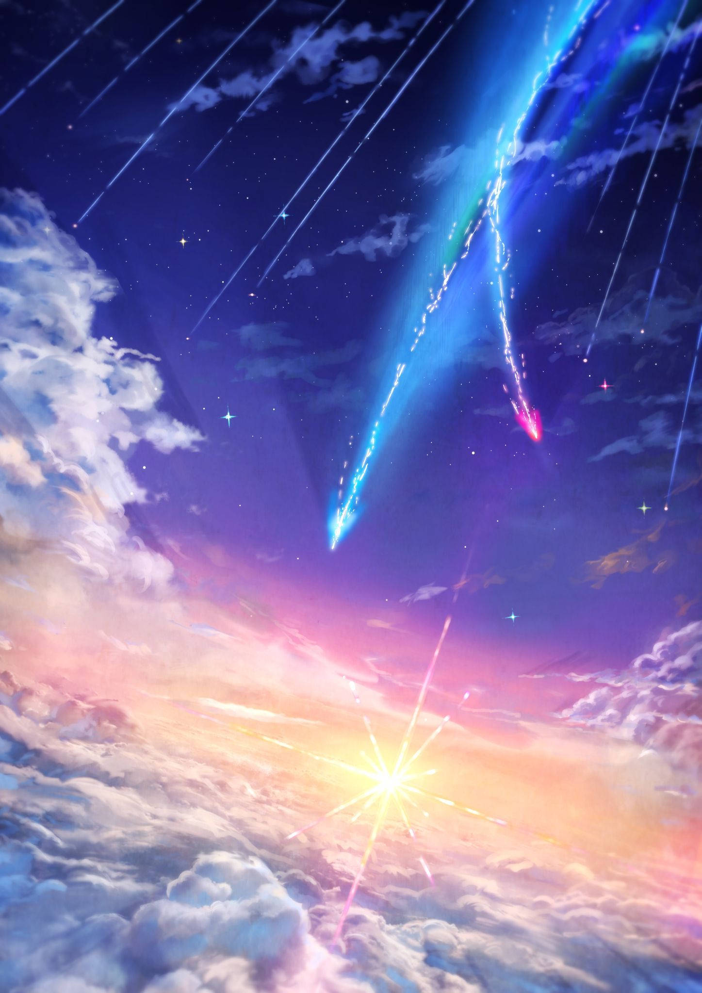 你的名字 桌布 壁紙 — 充滿活力的動畫風格天空，閃爍的流星劃過粉彩雲朵，燦爛的陽光穿透地平線。