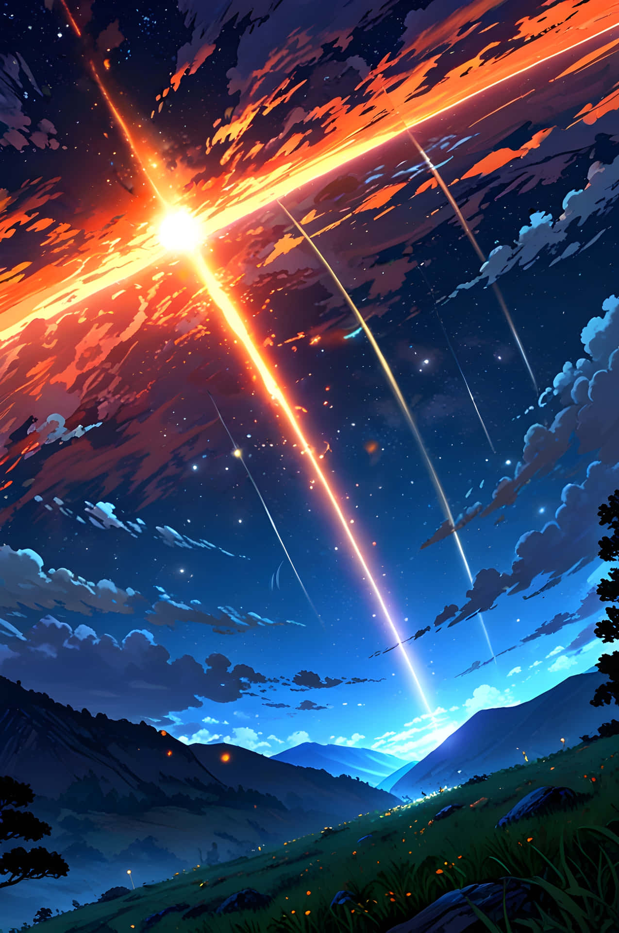 Celestial Shooting Stars 壁紙 — 充滿活力的動畫風格天空爆發著熾熱的橙色流星，劃過暮色中寧靜的山谷。