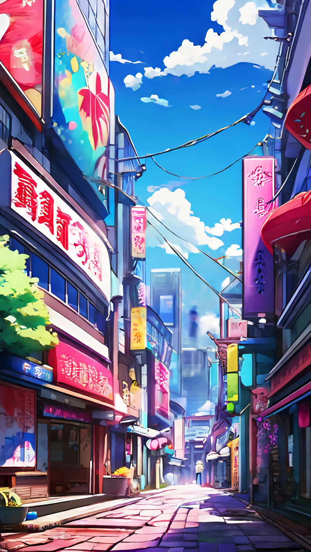 Vibrant Anime Street Wallpaper 壁紙 — 充滿活力的動畫風格小巷，色彩繽紛的霓虹燈招牌和櫻花在明亮的藍天下。
