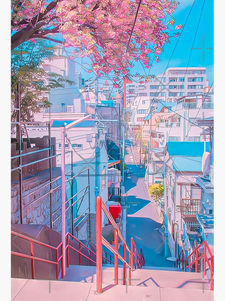 Aesthetic Anime 桌布 壁紙 — 充滿活力的動畫風格小巷，頭頂有粉紅色的櫻花，紅色欄杆，明亮的藍天。