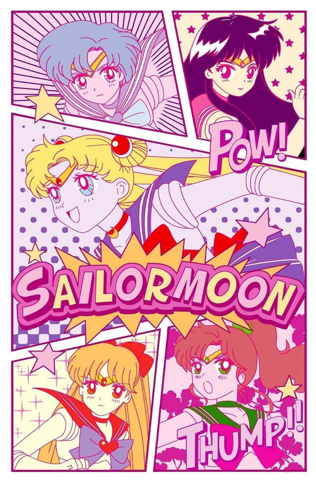 Aesthetic Sailor Moon 桌布 壁紙 — 充滿活力的動畫風格漫畫面板，以 Sailor Moon 角色為特色，採用動態姿勢，搭配大膽的粉紅色和紫色色調以及動作詞。