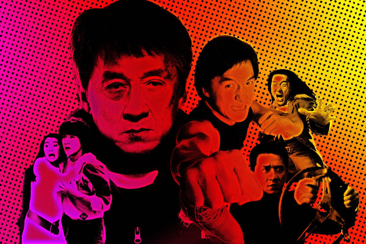 電影動圖 桌布 壁紙 — 充滿活力的半色調海報，展示成龍在火紅黃漸變背景上的動態武術姿勢。