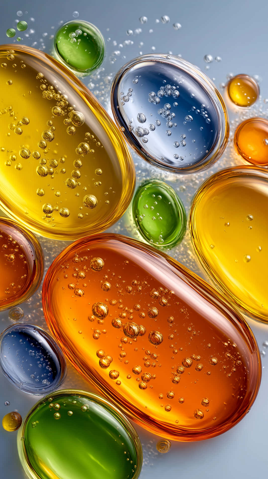 Colorful Liquid Capsules 壁紙 — 充滿活力的半透明凝膠狀球體，琥珀綠色和藍色，帶有被困住的氣泡，漂浮在柔和的灰色背景上。