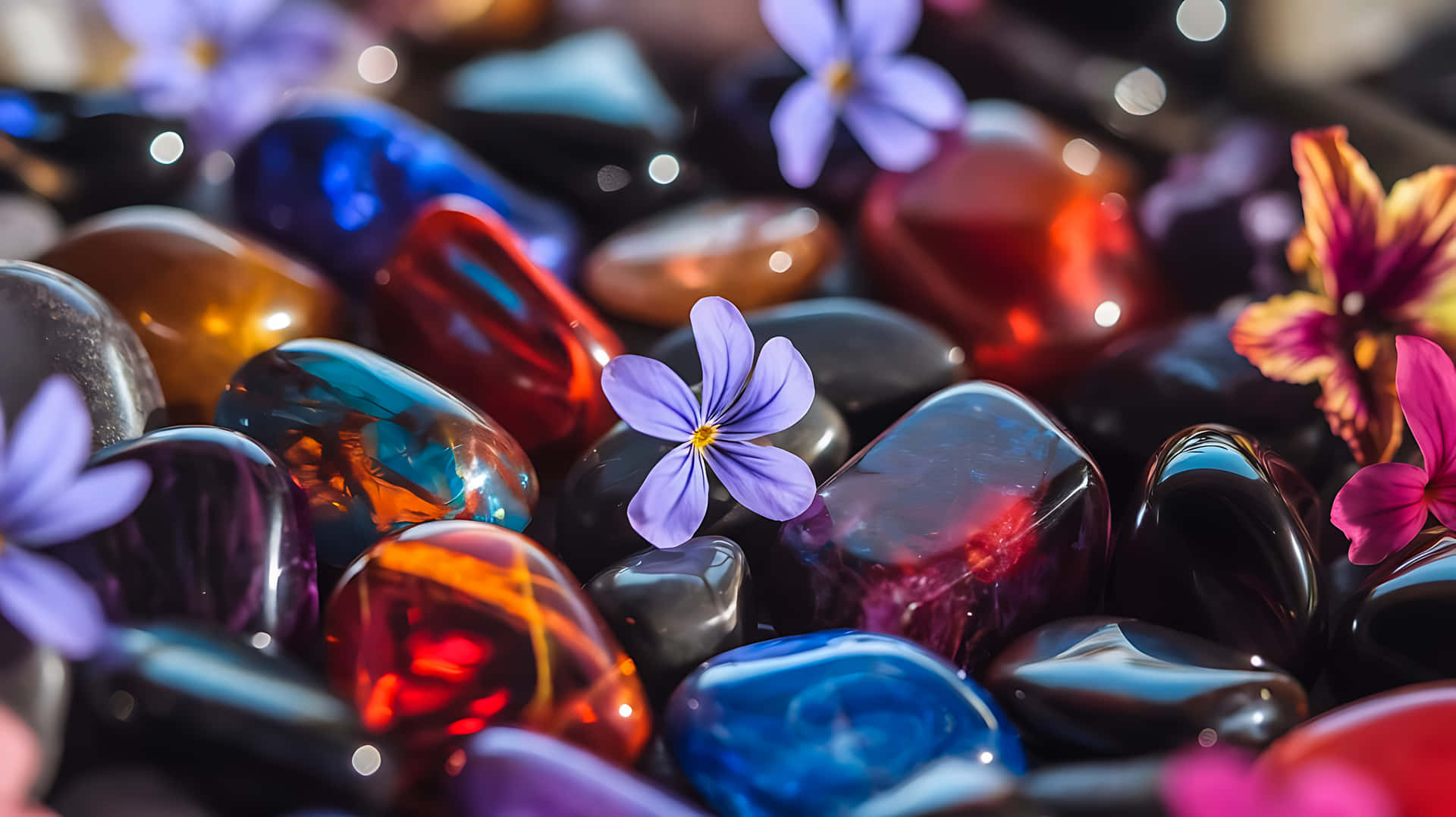 Polished colorful stones with purple flowers on top 壁紙 — 充滿活力的半透明寶石，呈現紅色、藍色和琥珀色調，點綴在精緻的紫色和粉紅色花朵之間，背景柔和散景。