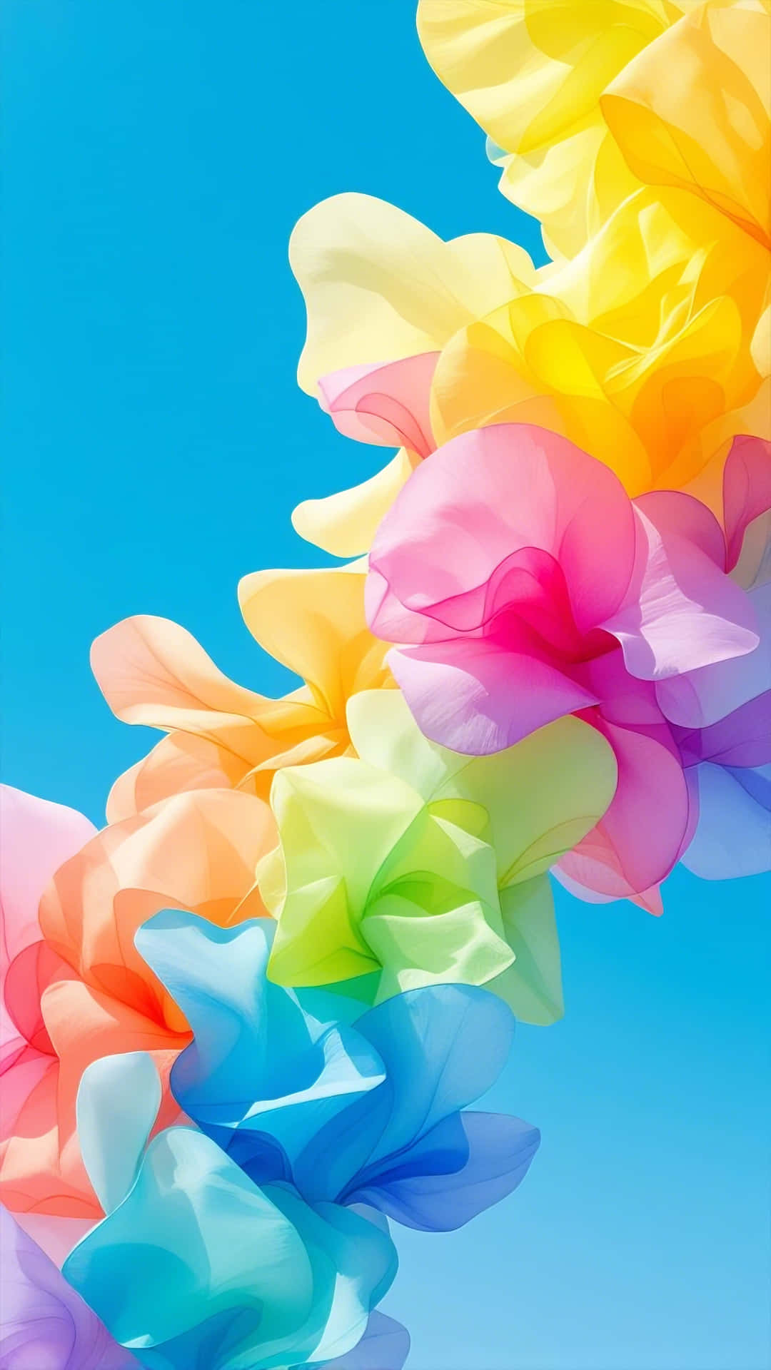 vibrant cascade of translucent colorful forms 壁紙 — 充滿活力的半透明布料花瓣以彩虹色調沿對角線傾瀉而下，映襯著清澈的藍天。