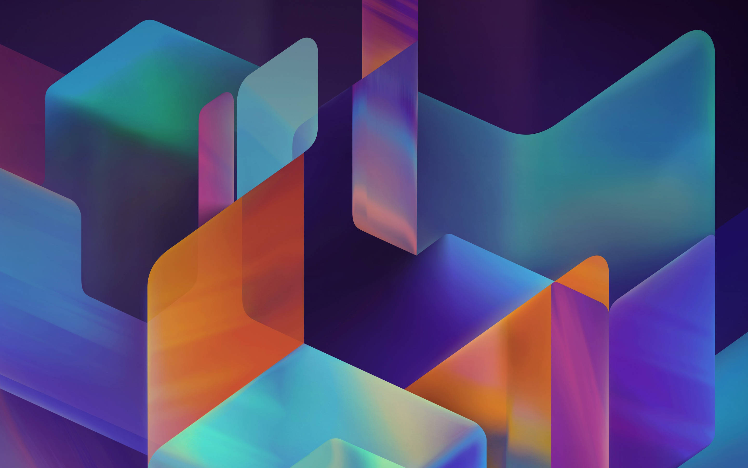 Shapes 桌布 壁紙 — 充滿活力的半透明幾何形狀，帶有藍色、橙色和紫色的漸變色調，漂浮在深色背景上。