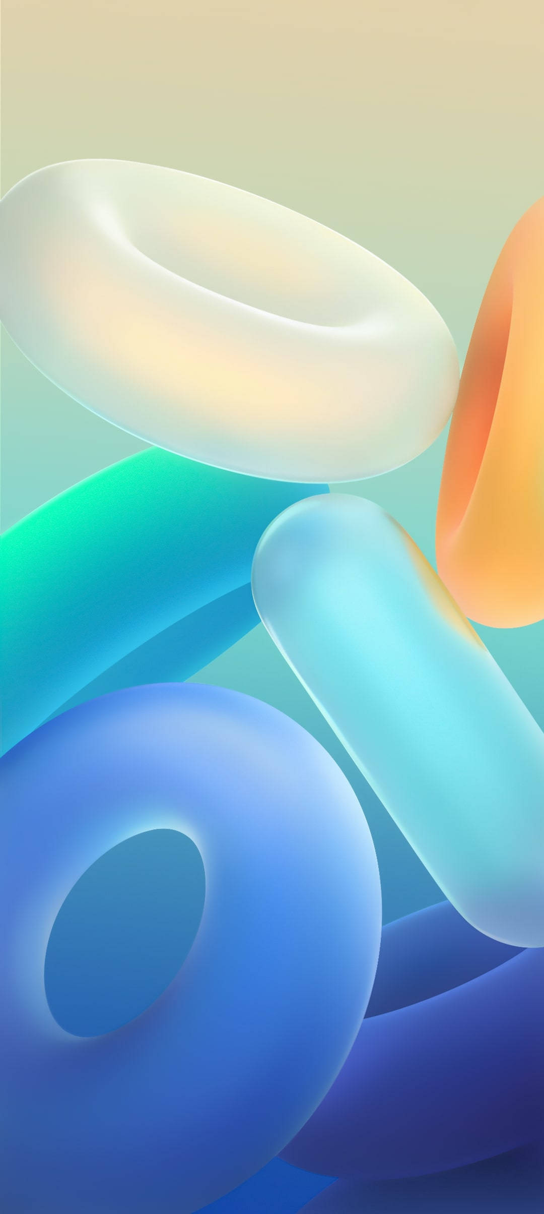 Shapes 桌布 壁紙 — 充滿活力的半透明幾何形狀漂浮在漸變的天空中，邊緣柔和發光。
