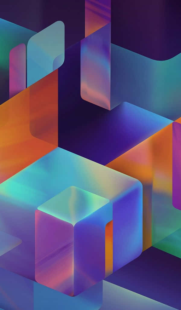 600x1024 桌布 壁紙 — 充滿活力的半透明幾何立方體，帶有紫色、橙色和藍綠色的漸變色調，漂浮在分層的抽象構圖中。