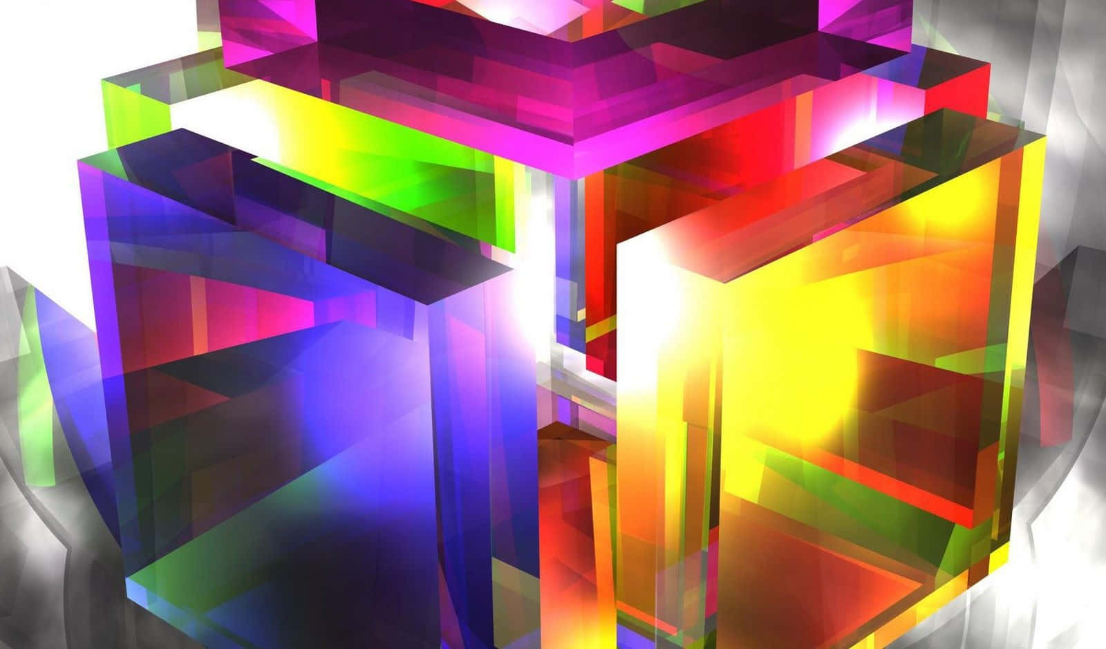 Beautiful Color 桌布 壁紙 — 充滿活力的半透明幾何立方體在純白色背景上以耀眼的彩虹光譜相互交錯。