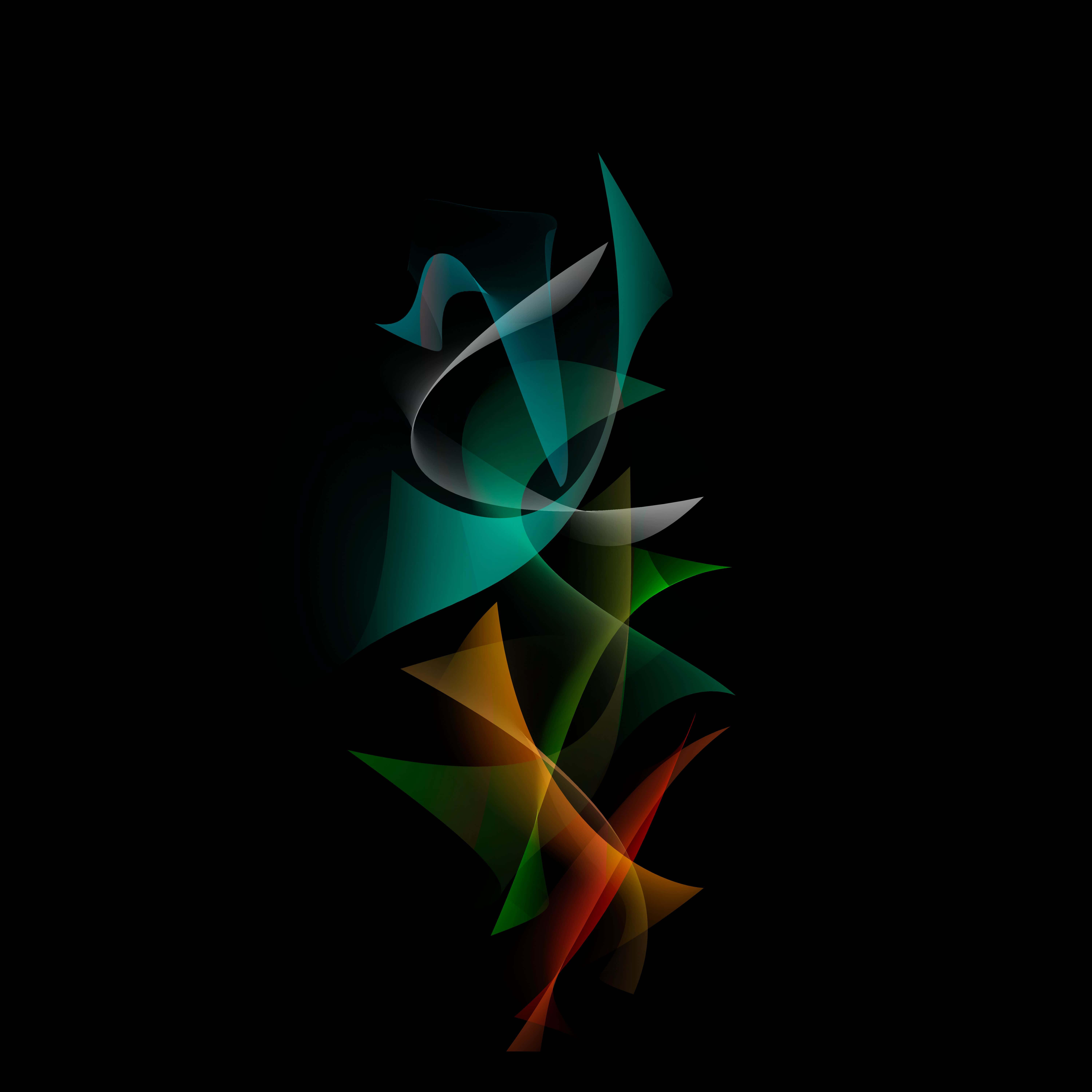 Colorful Abstract Art 桌布 壁紙 — 充滿活力的半透明絲帶，以青綠色、橙色和紅色在純黑背景上動態旋轉。
