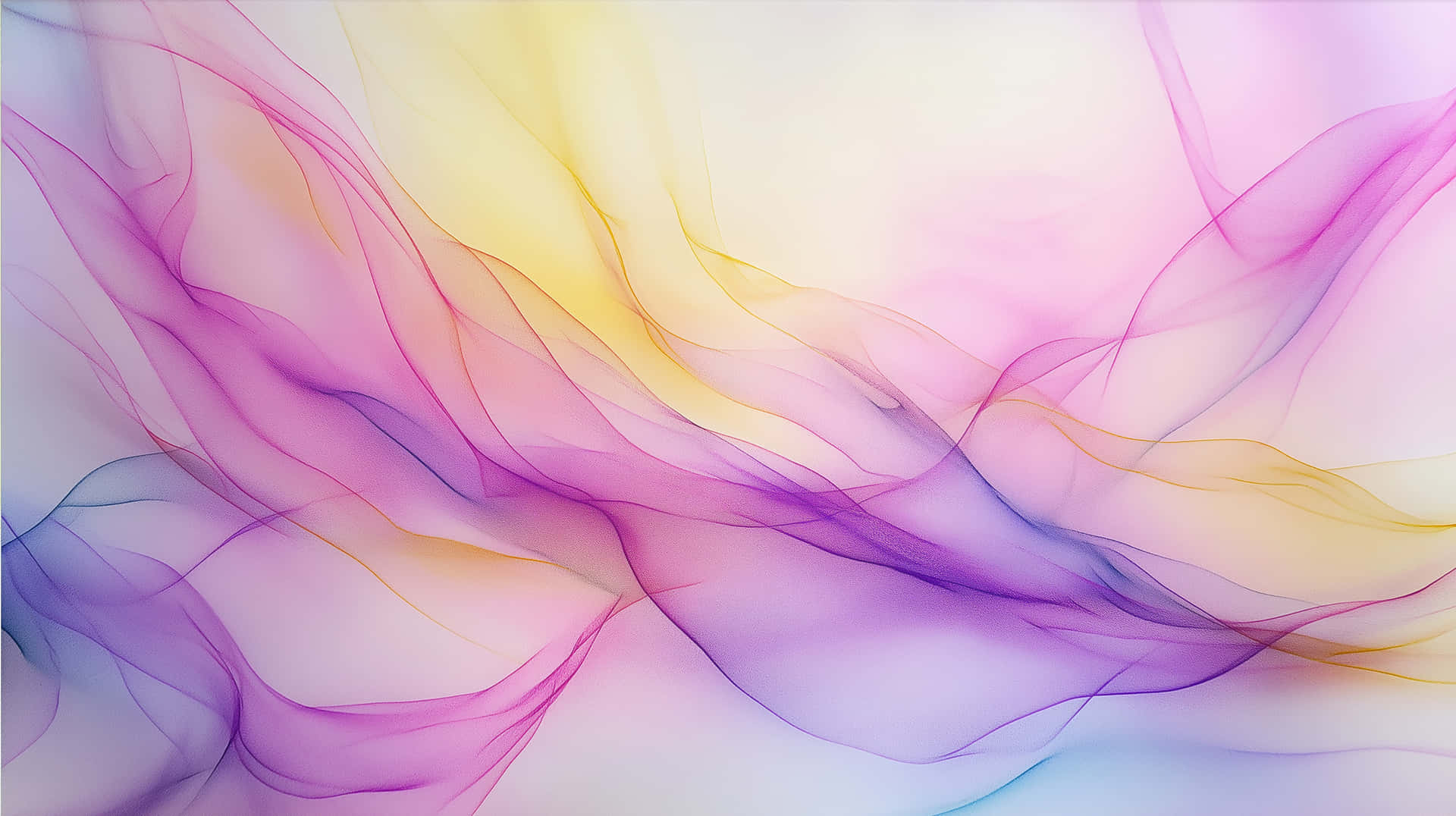 Vibrant Swirls of Ethereal Translucent Textile Waves 壁紙 — 充滿活力的半透明絲帶，粉紅、黃、紫、藍色優雅地流過柔和的漸變背景。