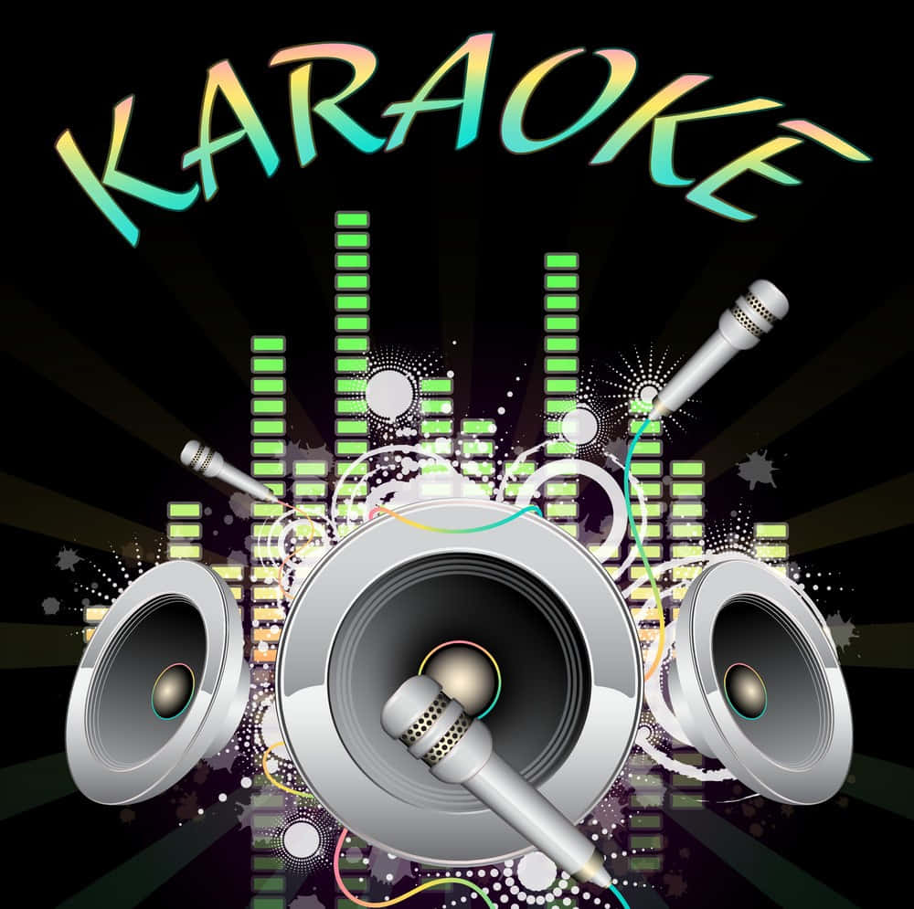 Karaoke 桌布 壁紙 — 充滿活力的卡拉OK主題，在深色背景上配有發光的綠色均衡器、麥克風和揚聲器。