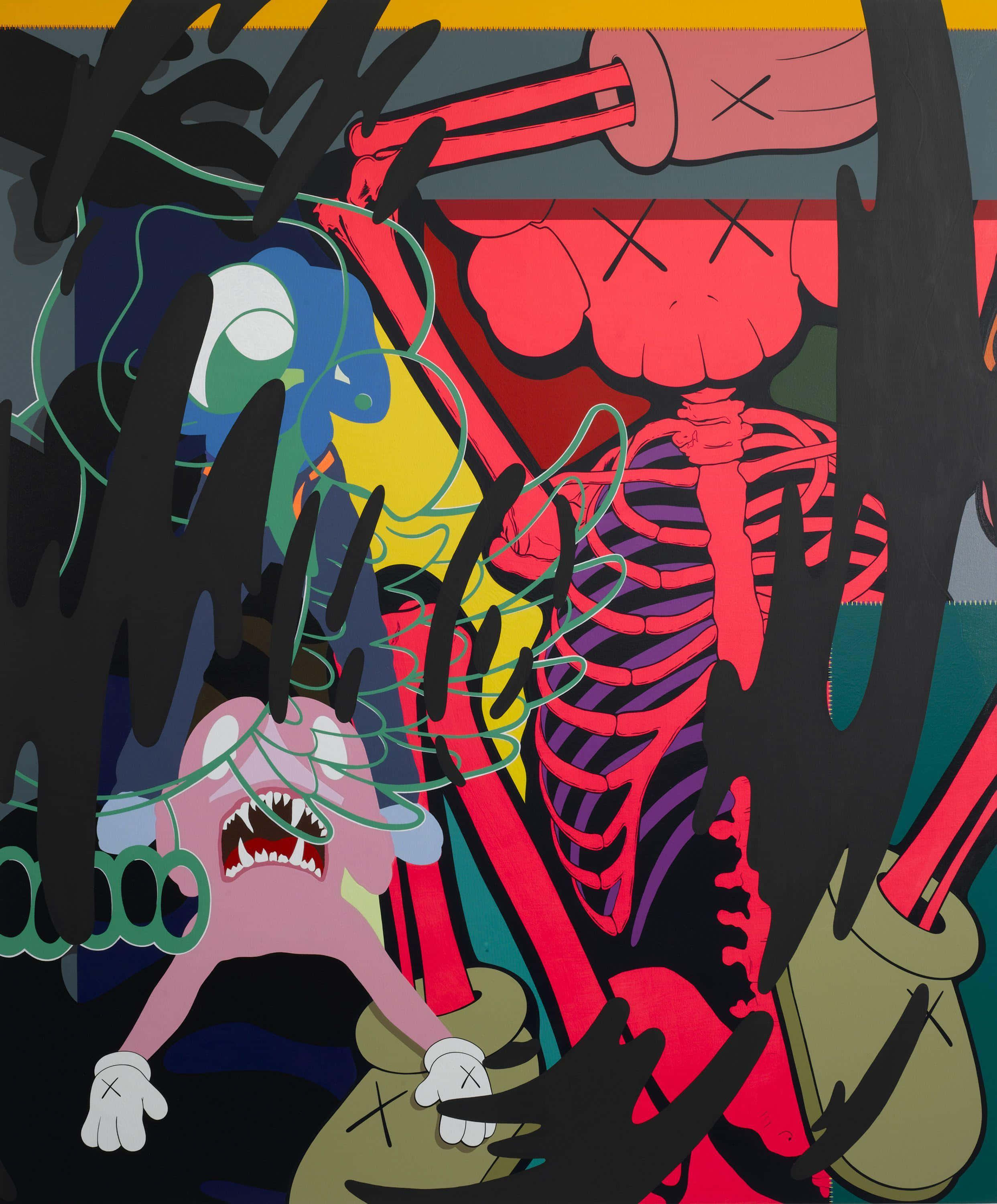 KAWS 桌布 壁紙 — 充滿活力的卡通人物，帶有骨骼元素和富有表情的臉孔，在混亂多彩的構圖中碰撞。