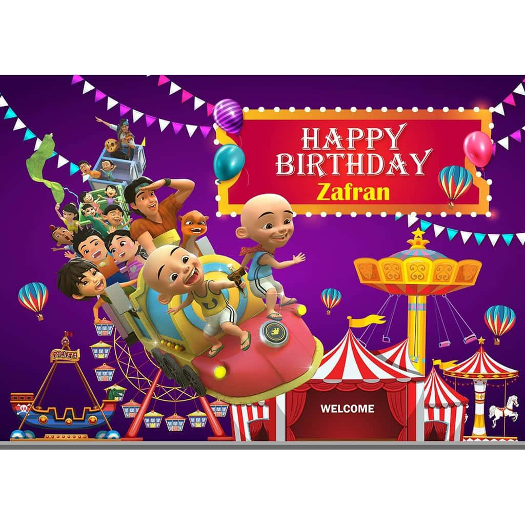 Upin Ipin 桌布 壁紙 — 充滿活力的卡通人物在色彩繽紛的嘉年華中慶祝生日，現場有遊樂設施、氣球和節日橫幅。