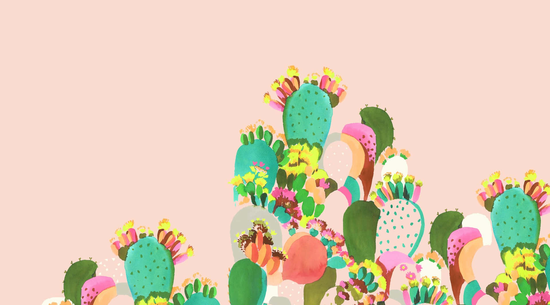 Cactus 桌布 壁紙 — 充滿活力的卡通仙人掌，開著色彩繽紛的花朵，在柔和的粉紅色背景上綻放，呈現出俏皮的插圖。