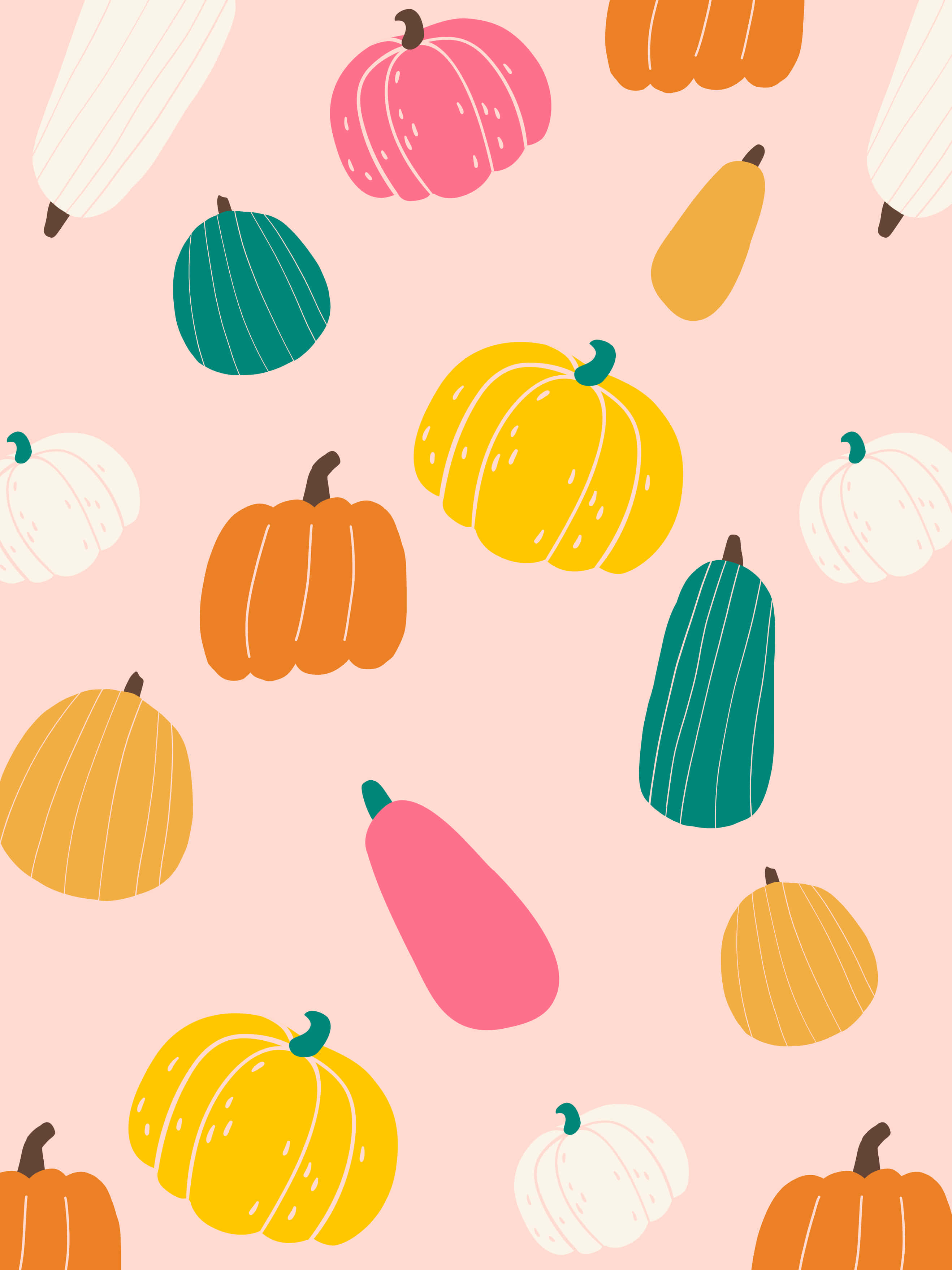 Cute Pumpkin 桌布 壁紙 — 充滿活力的卡通南瓜和葫蘆以柔和色彩漂浮在粉紅色背景上，形成俏皮圖案。