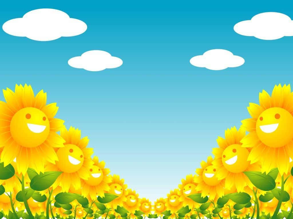 Sunflower Aesthetic 桌布 壁紙 — 充滿活力的卡通向日葵，帶著笑臉，在點綴著蓬鬆白雲的清澈藍天下盛開。