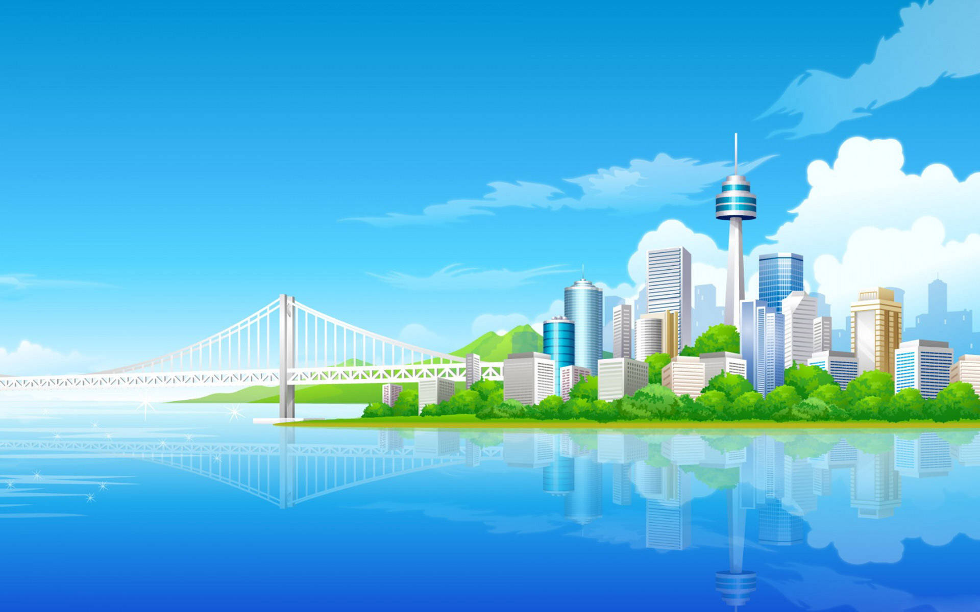 Buildings 桌布 壁紙 — 充滿活力的卡通城市景觀，懸索橋和標誌性塔樓在晴朗天空下倒映在平靜的藍色水面上。