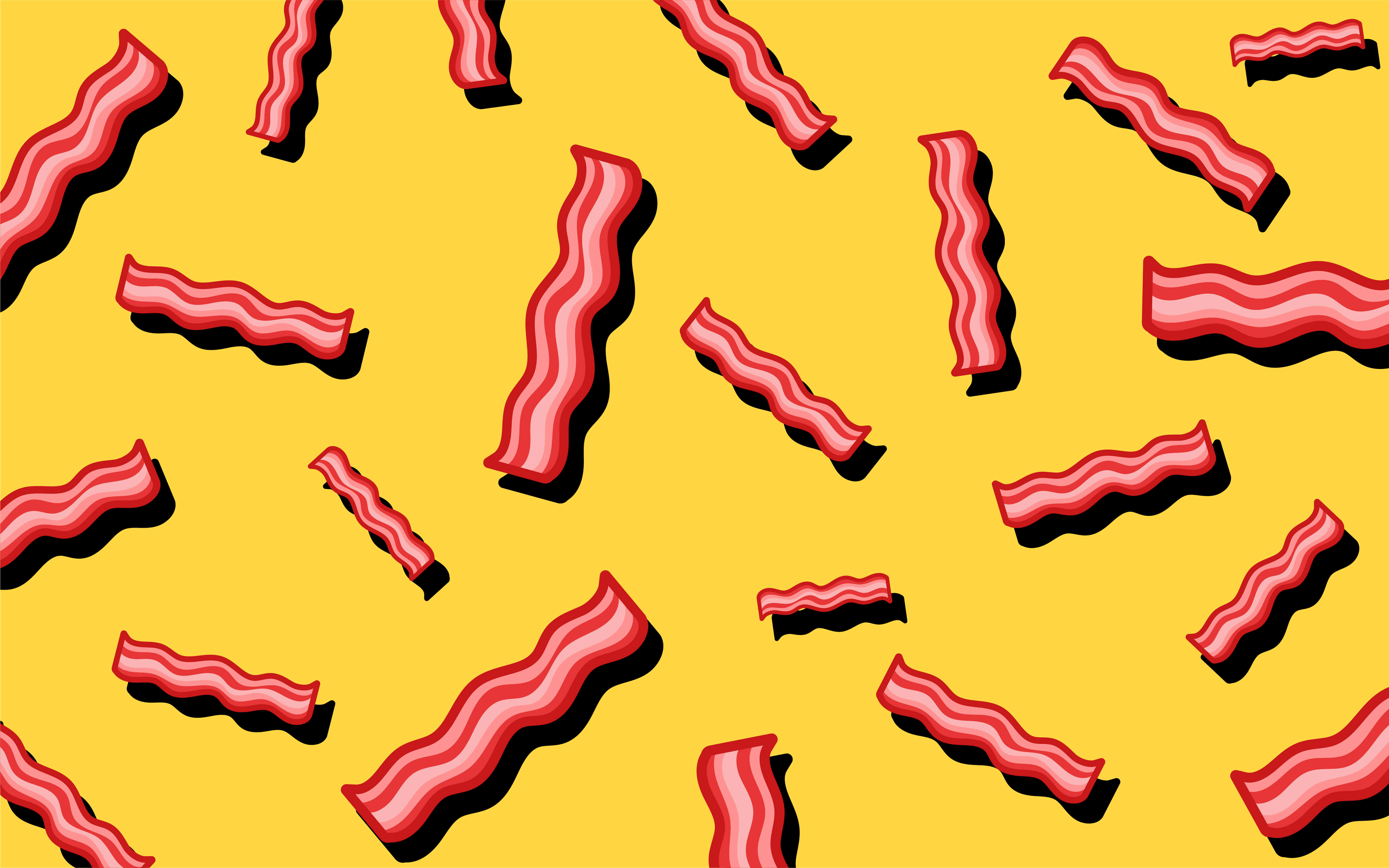 bacon 桌布 壁紙 — 充滿活力的卡通培根條漂浮在帶有黑色陰影的鮮黃色背景上。