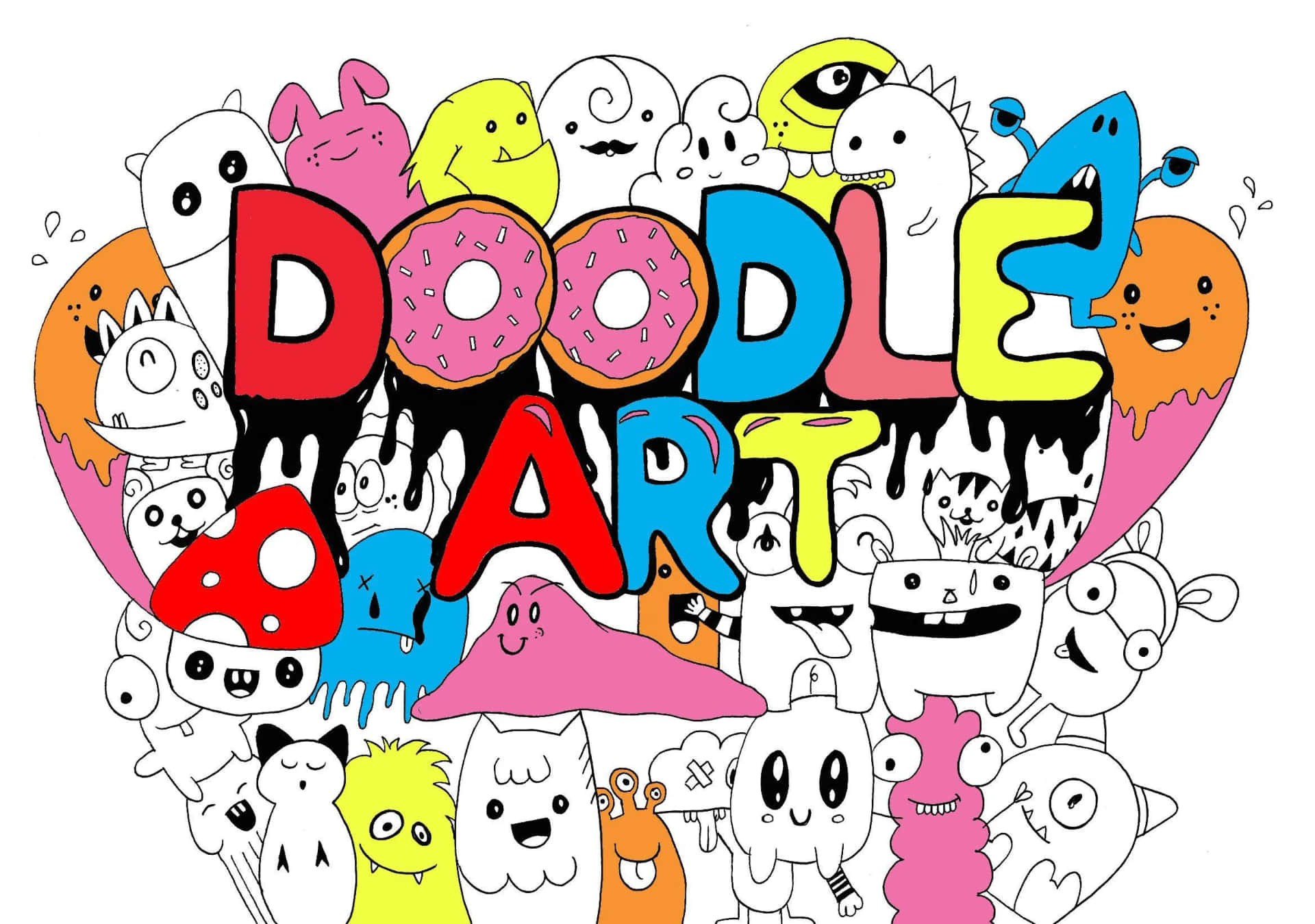 色彩繽紛的卡通塗鴉和怪物圍繞著「DOODLE ART」字樣，帶有滴落的油漆。 — 塗鴉動圖 壁紙