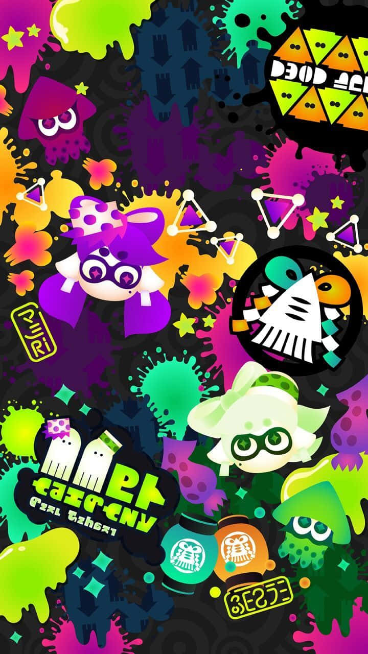 splatoon 2 桌布 壁紙 — 充滿活力的卡通墨水飛濺和角色在黑暗背景上以混亂多彩的爆發方式爆炸。