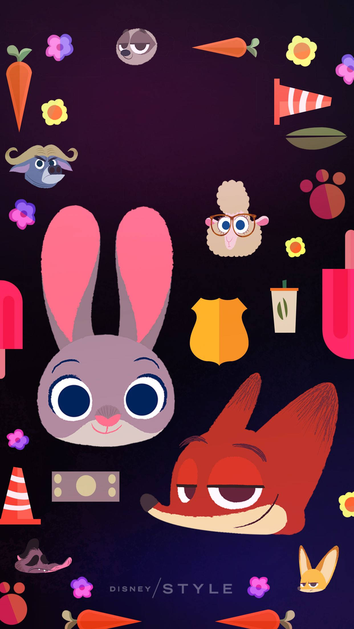 手機 桌布 壁紙 — 充滿活力的卡通壁紙， featuring Judy Hopps 和 Nick Wilde，被胡蘿蔔、花朵和警察徽章包圍，背景為深紫色。