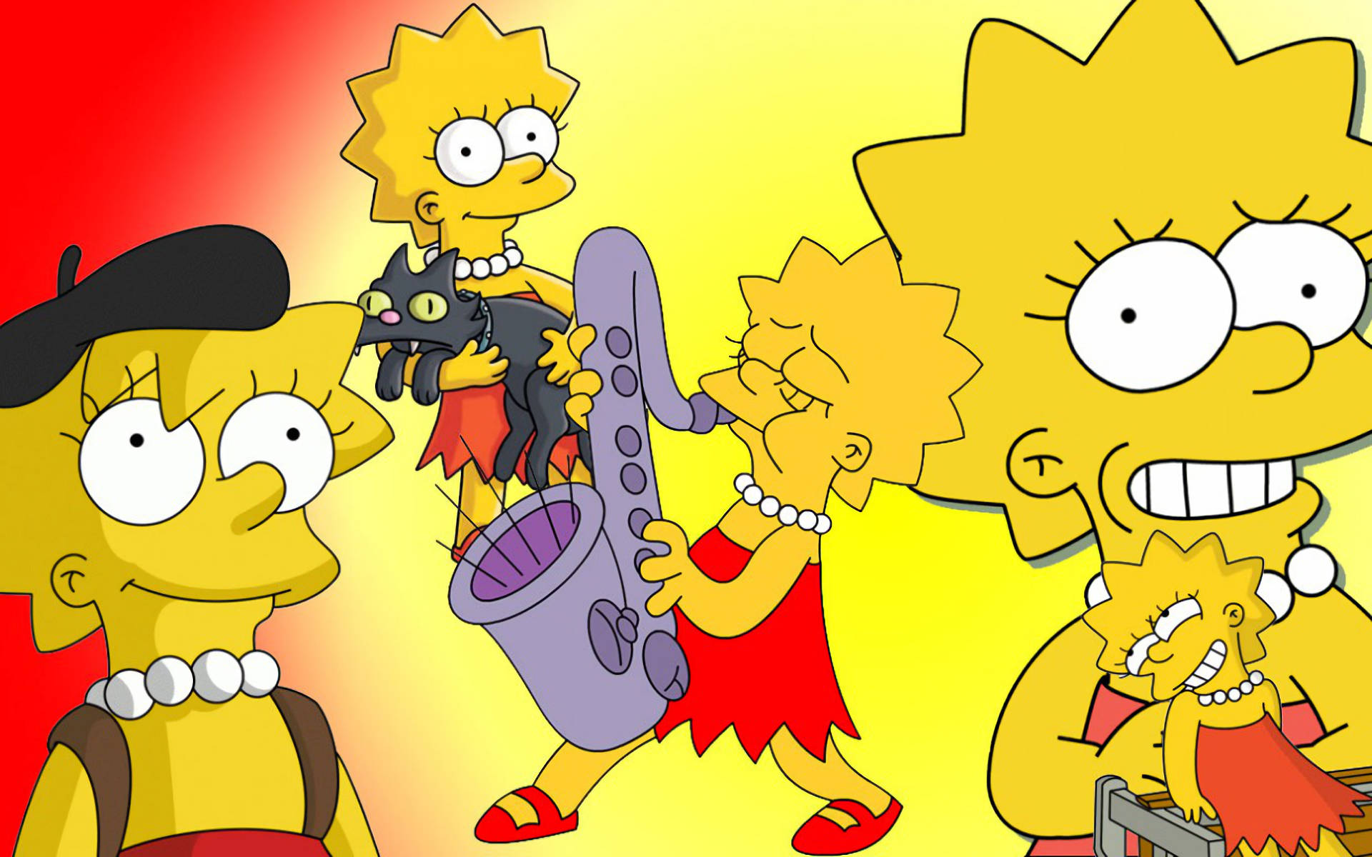 辛普森家庭 桌布 壁紙 — 充滿活力的卡通壁紙，以多個Lisa Simpson角色在燦爛的黃紅漸變背景中與貓和嬰兒一起演奏薩克斯風。